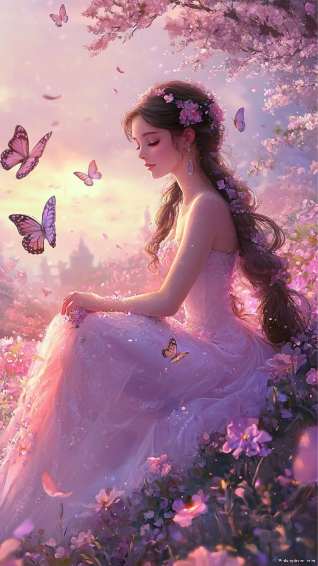 Dreamy Fantasy Princess Wallpaper Featuring a Beautiful Maiden in a Serene Pink Flower Meadow Dreamy Fantasy Princess Wallpaper Featuring a Beautiful Maiden in a Serene Pink Flower Meadow
