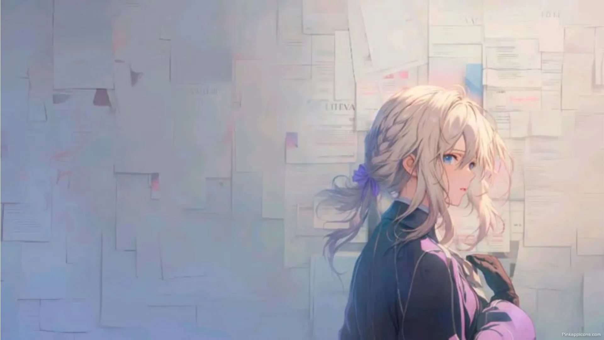 Elegant Anime Girl Wallpaper for Laptop Blonde Hair and Blue Eyes Amidst Documents for Mobile Elegant Anime Girl Wallpaper for Laptop – Blonde Hair and Blue Eyes Amidst Documents for Mobile