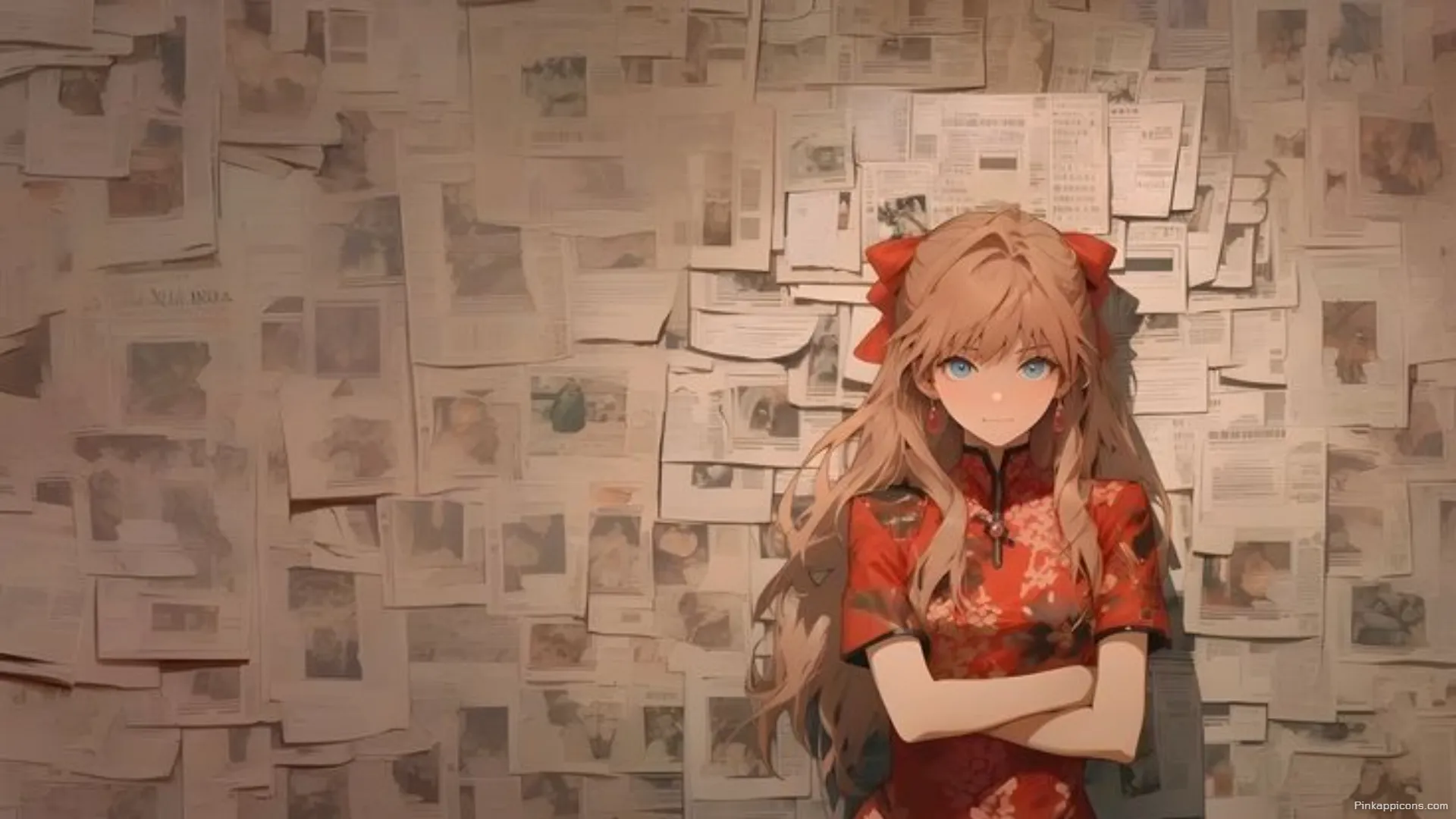 Elegant Anime Girl in Red Dress Wallpaper for Laptop Blonde Hair Blue Eyes on Newspaper Background for Phone Elegant Anime Girl in Red Dress Wallpaper for Laptop – Blonde Hair & Blue Eyes on Newspaper Background for Phone