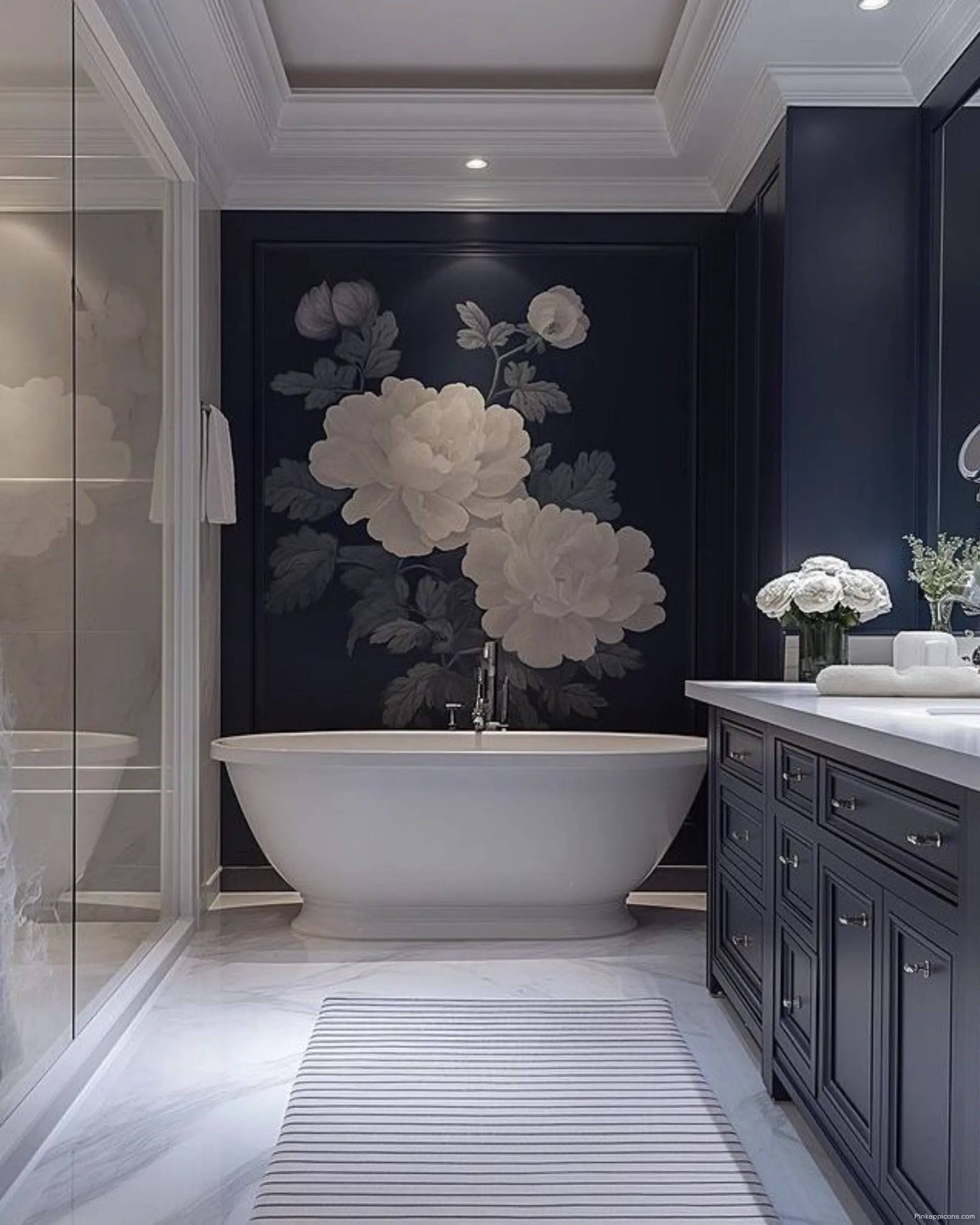 Elegant Bathroom Wallpaper Ideas Large White Flowers on a Navy Wall Elegant Bathroom Wallpaper Ideas Large White Flowers on a Navy Wall