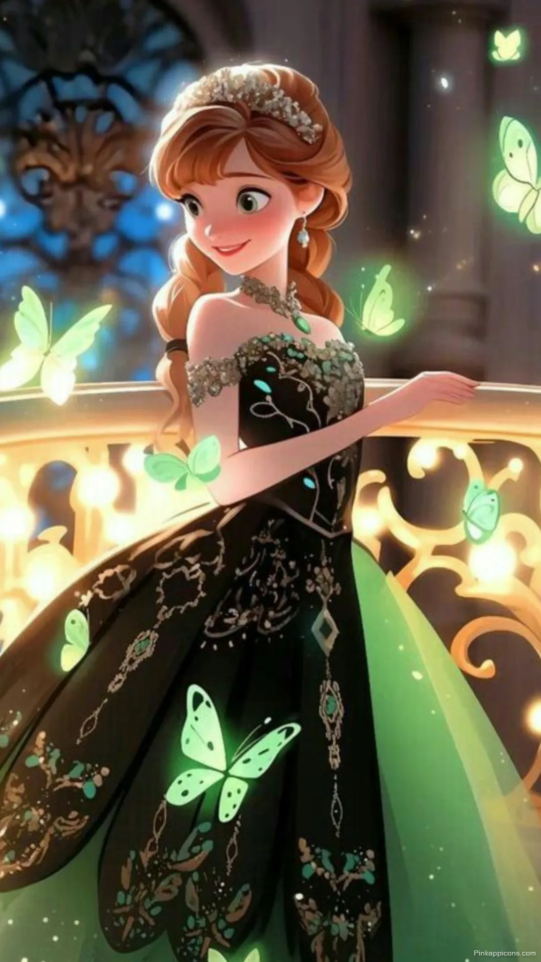 Elegant Princess Wallpaper of a Smiling Anna in a Black and Green Gown at a Royal Ball Elegant Princess Wallpaper of a Smiling Anna in a Black and Green Gown at a Royal Ball