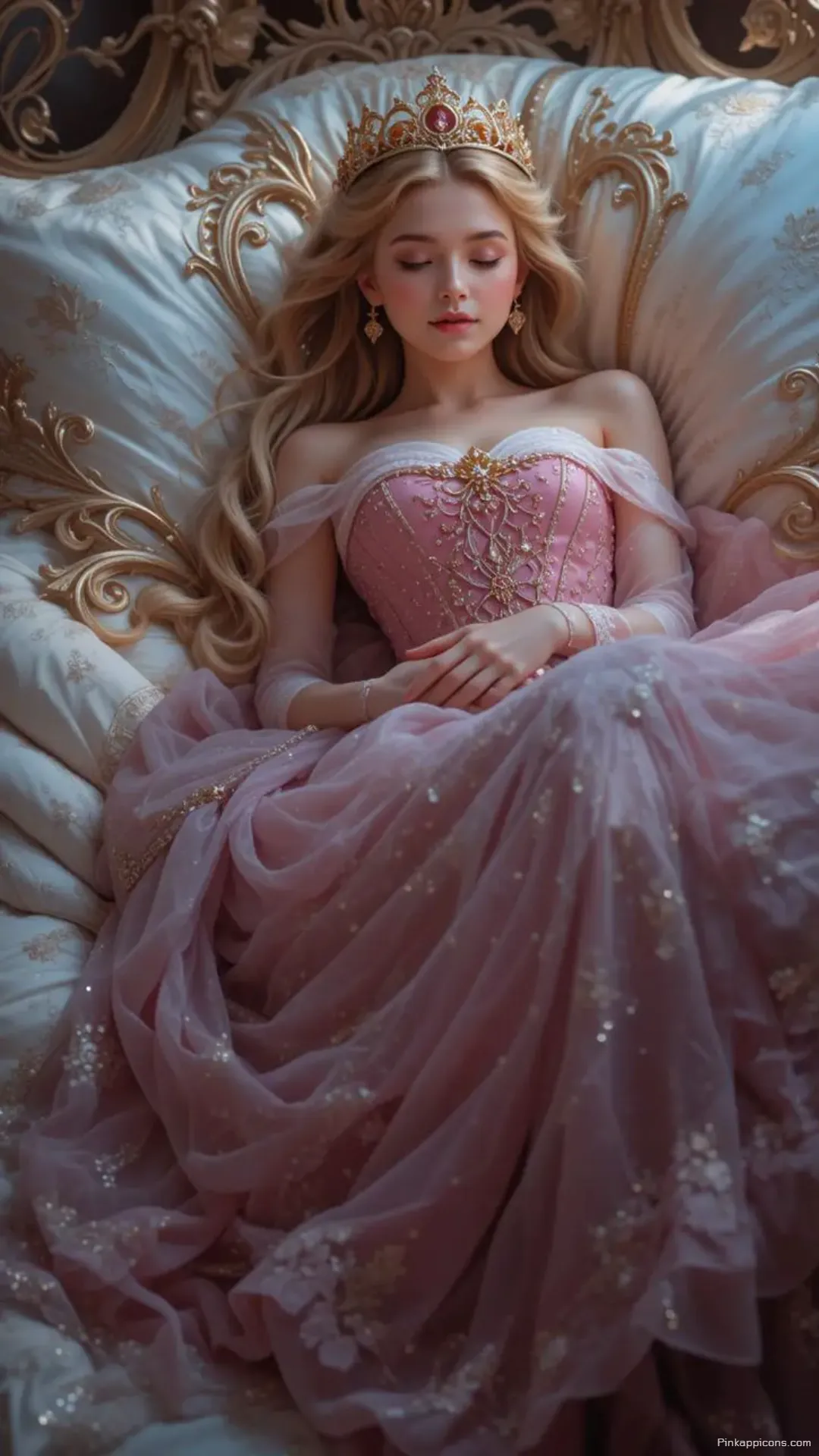 Elegant Princess Wallpaper of a Woman With Long Blonde Hair in a Pink Gown and a Gold Crown Elegant Princess Wallpaper of a Woman With Long Blonde Hair in a Pink Gown and a Gold Crown