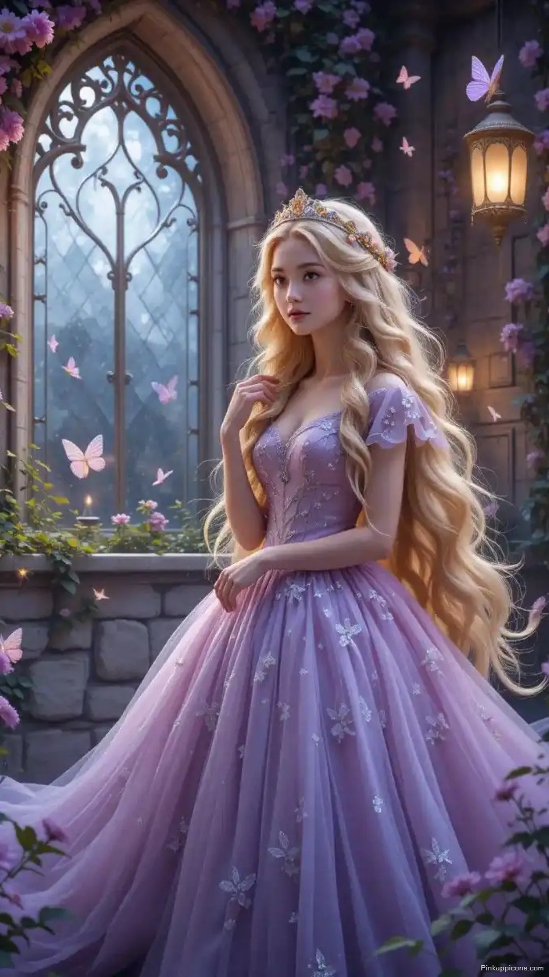 Enchanting Princess Wallpaper of a Girl in a Lamplit Castle Garden With Pink Butterflies Enchanting Princess Wallpaper of a Girl in a Lamplit Castle Garden With Pink Butterflies