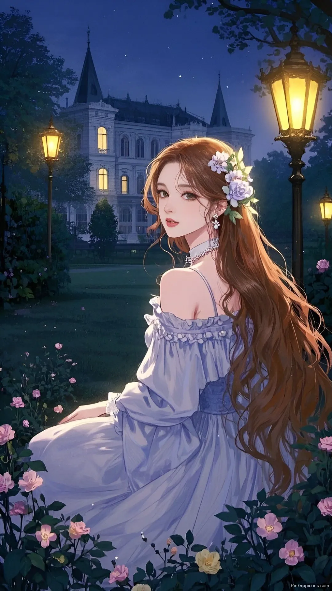 Fairytale Aesthetic Princess Wallpaper of a Maiden With Flowers in Her Hair Before a Mansion Fairytale Aesthetic Princess Wallpaper of a Maiden With Flowers in Her Hair Before a Mansion
