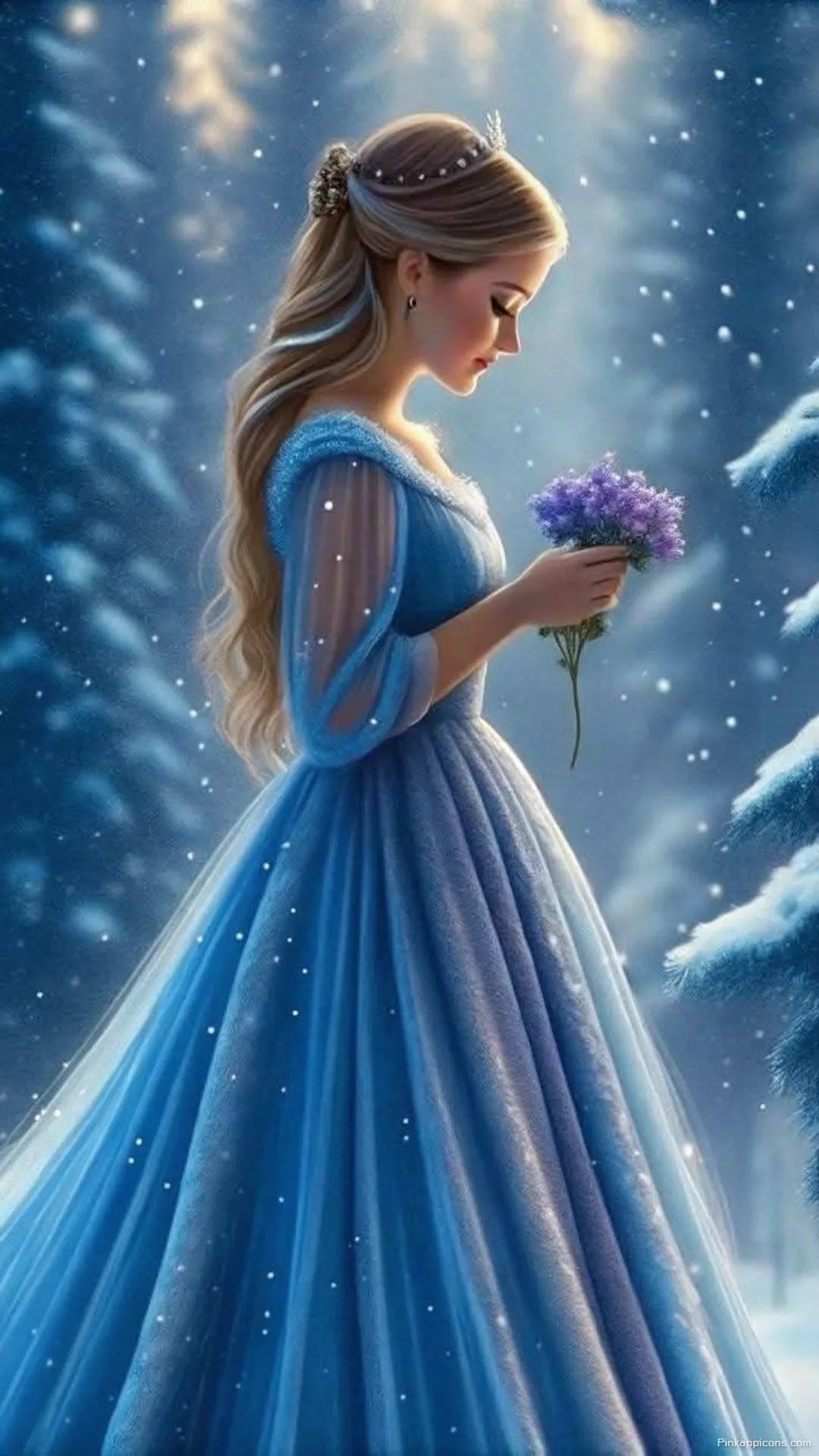 Fairytale Princess Wallpaper of a Blonde in a Flowing Blue Gown in a Serene Snowy Scene Fairytale Princess Wallpaper of a Blonde in a Flowing Blue Gown in a Serene Snowy Scene