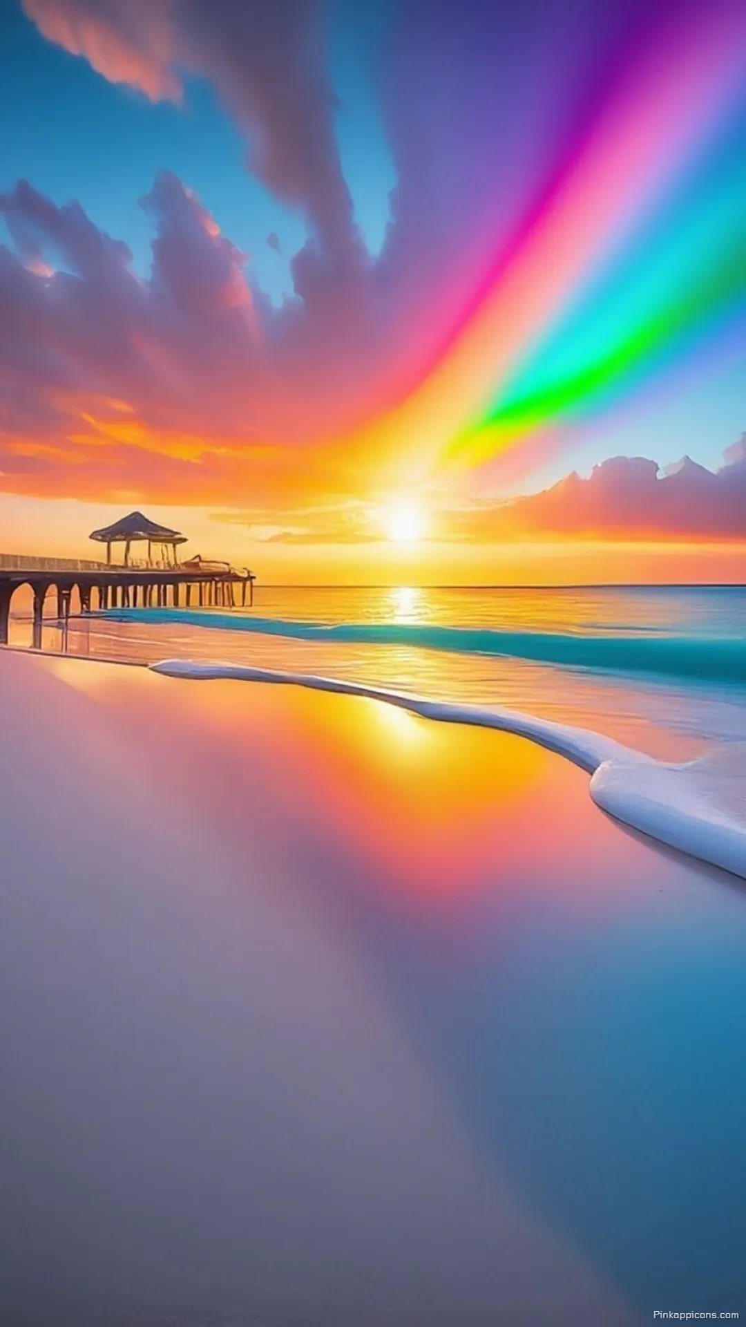 Golden Sunset Rainbow Wallpaper Pier on a Calm Beach at Sunset for Your Phone Golden Sunset Rainbow Wallpaper Pier on a Calm Beach at Sunset for Your Phone