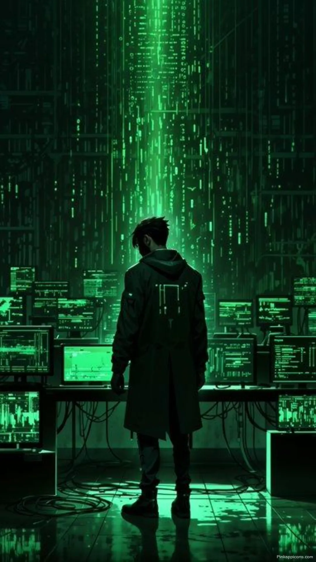 Hacker Room Wallpaper Hooded Figure Green Code Monitors Phone Background Hacker Room Wallpaper – Hooded Figure & Green Code Monitors Phone Background.