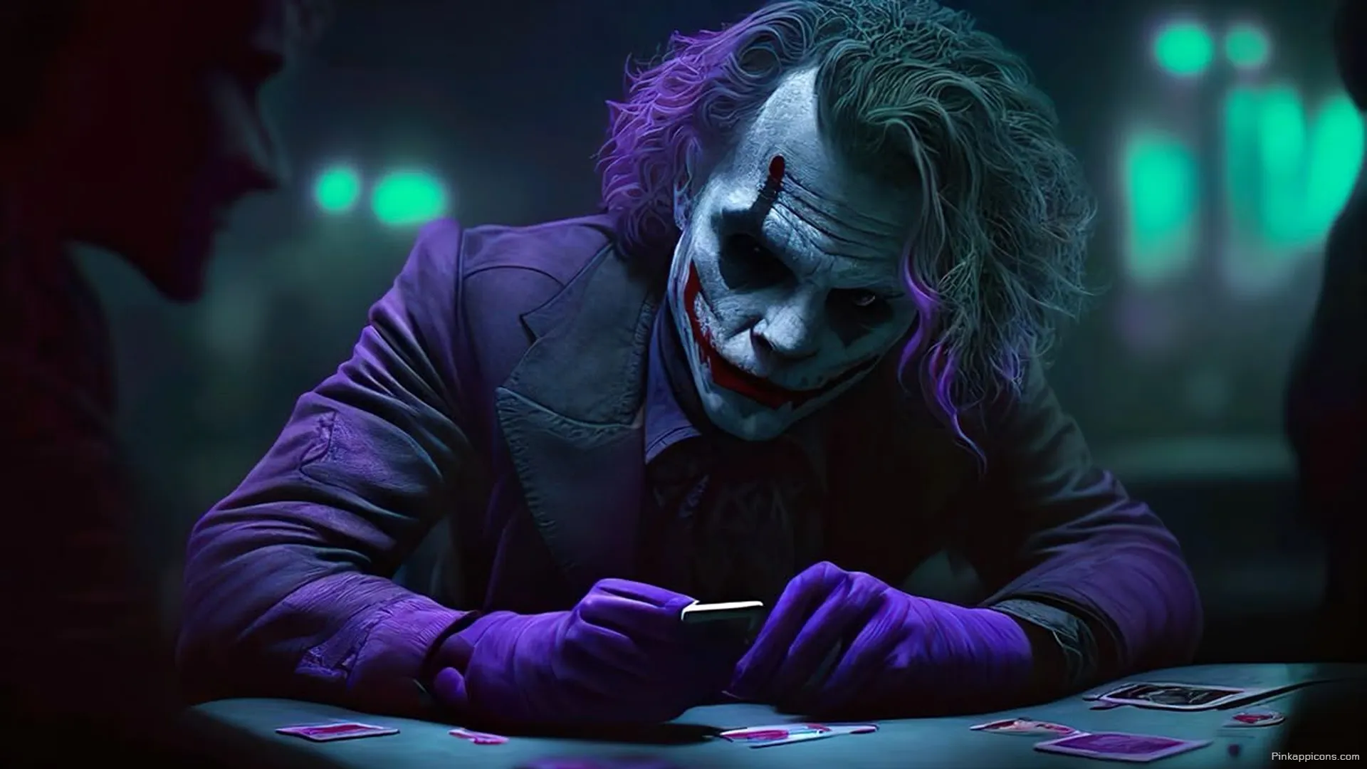 High Resolution Joker Playing Scene 8K Wallpaper for PC Iconic Character with Purple Gloves at the Table Wallpaper High-Resolution Joker Playing Scene 8K Wallpaper for PC Iconic Character with Purple Gloves at the Table Wallpaper
