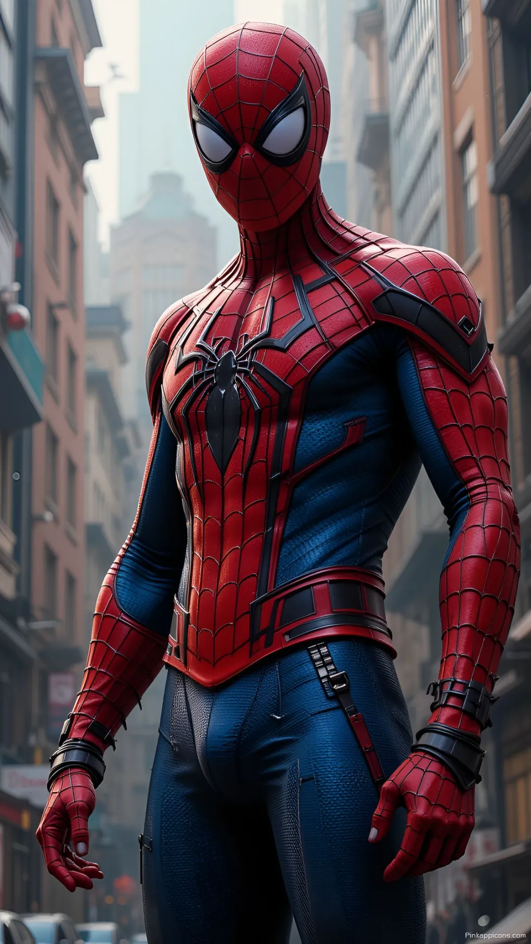 Iconic Spider Man Standing in City Wallpaper Modern Red Blue Suit Mobile Background Iconic Spider-Man Standing in City Wallpaper Modern Red & Blue Suit Mobile Background.