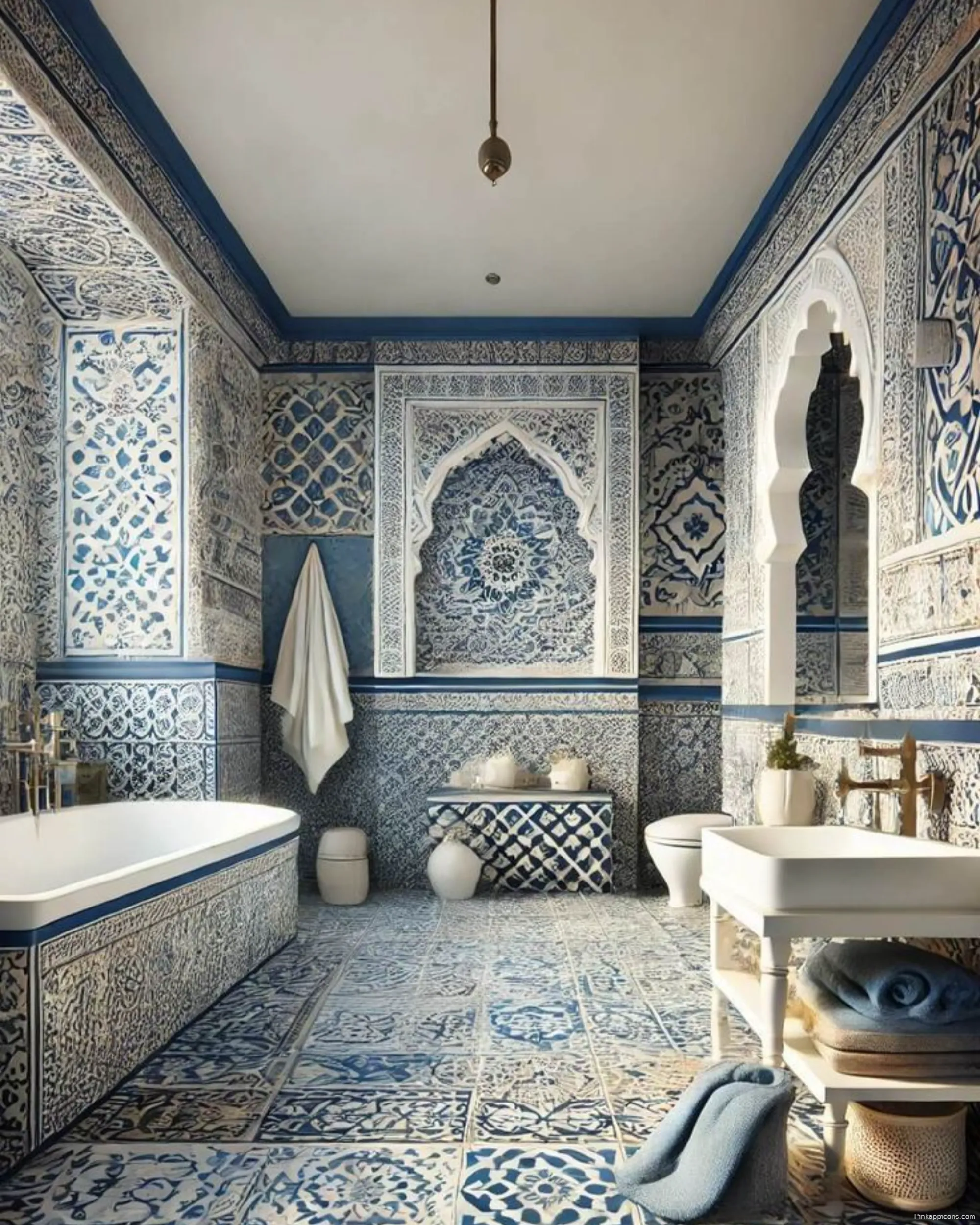 Intricate Tile Bathroom Wallpaper Ideas with Arched Mirror Detail Intricate Tile Bathroom Wallpaper Ideas with Arched Mirror Detail
