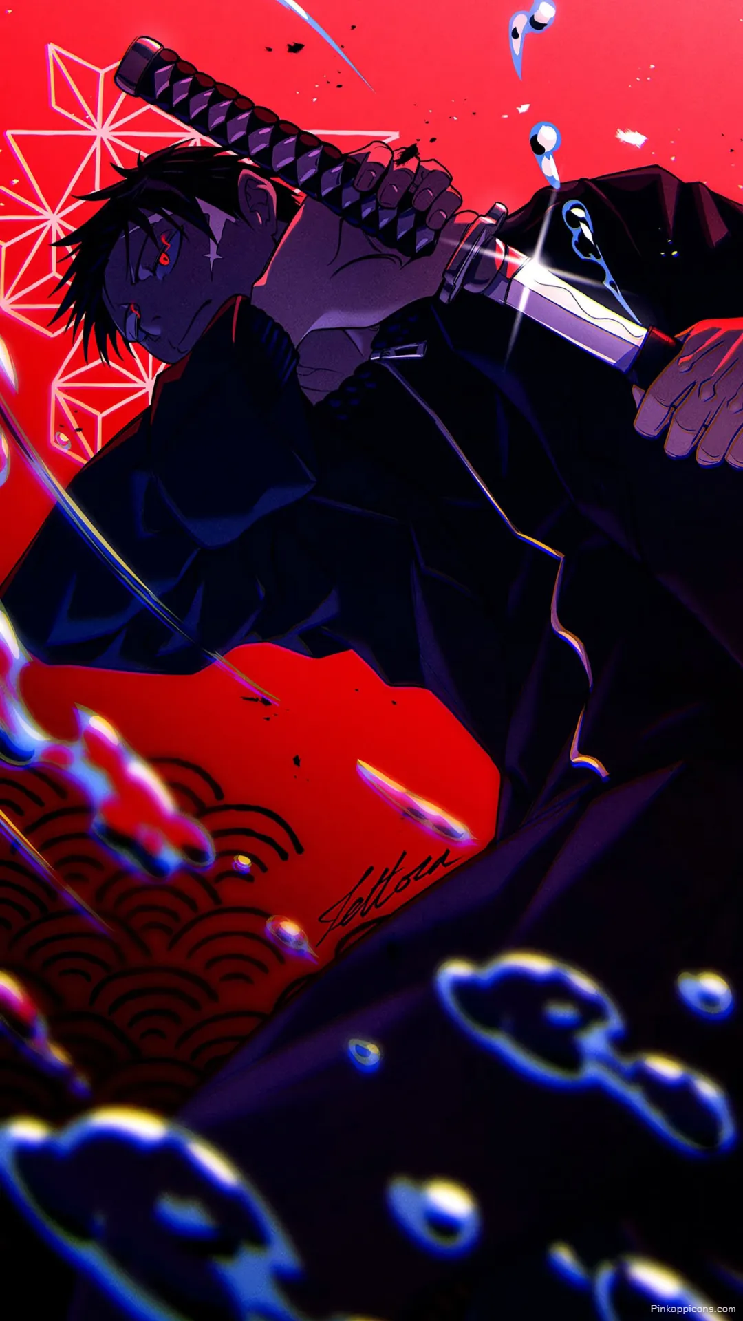 Kagurabachi Wallpaper Chihiro Wielding Katana with Red Energy Phone Background Kagurabachi Wallpaper Chihiro Wielding Katana with Red Energy Phone Background.