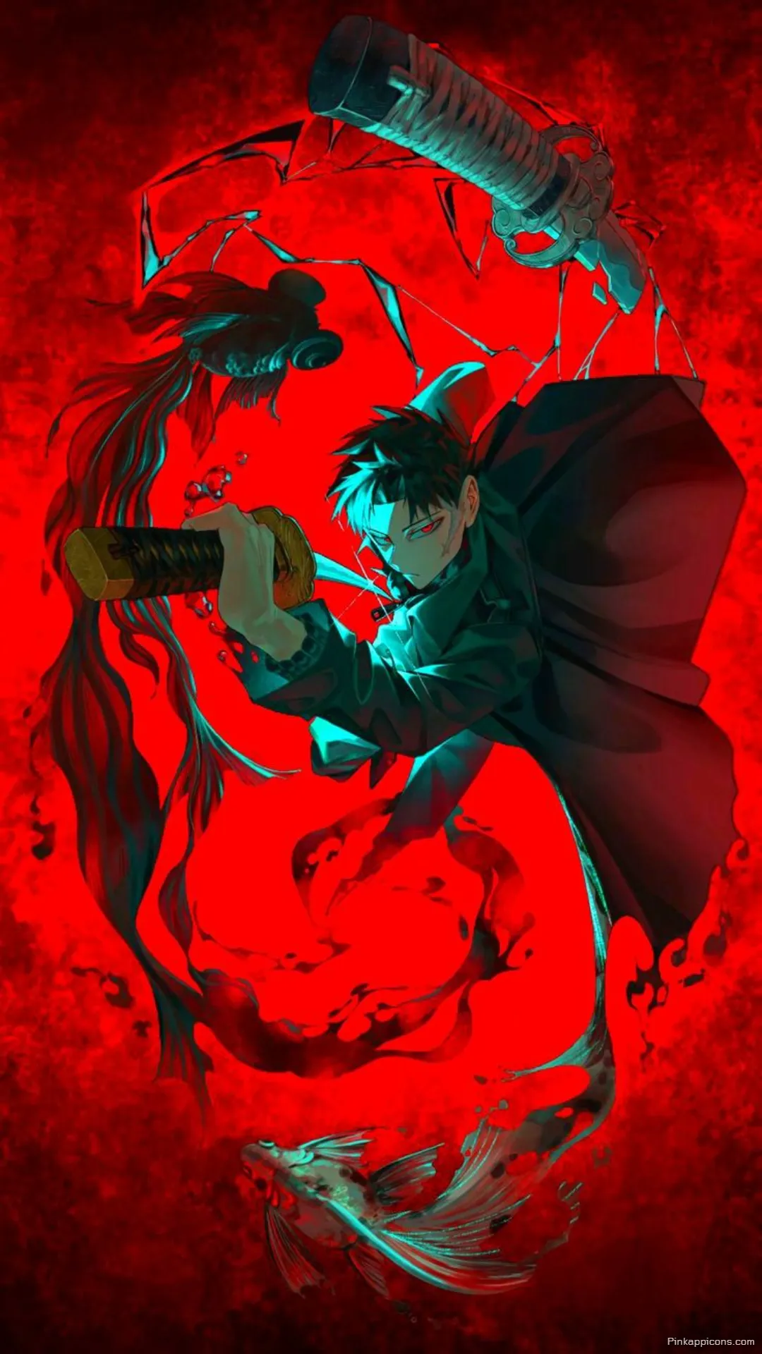 Kagurabachi Wallpaper Red Aura Swordsman with Mystical Fish Phone Background Kagurabachi Wallpaper Red Aura Swordsman with Mystical Fish Phone Background.