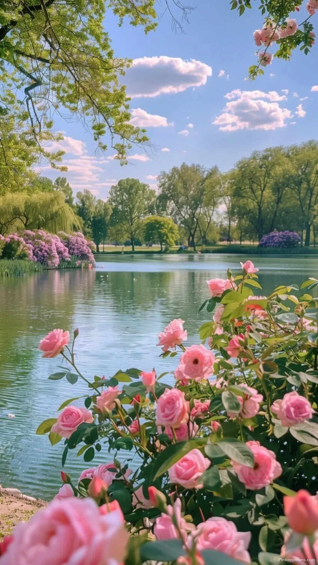 Lakeside Spring Wallpaper for Phone with Pink Roses Lakeside Spring Wallpaper for Phone with Pink Roses