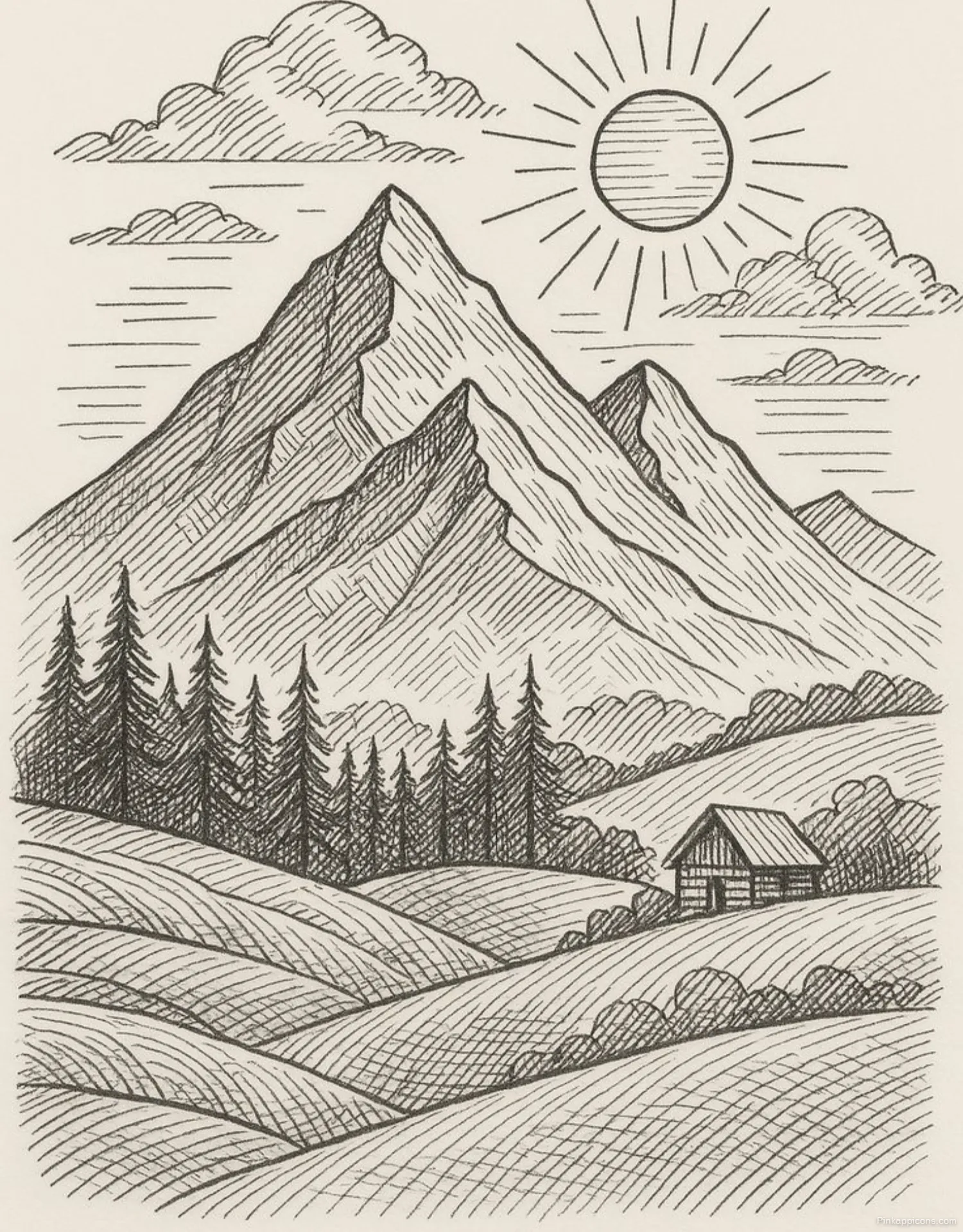 Landscape Drawing Ideas Alpine Scene with a Sun and Clouds Landscape Drawing Ideas Alpine Scene with a Sun and Clouds