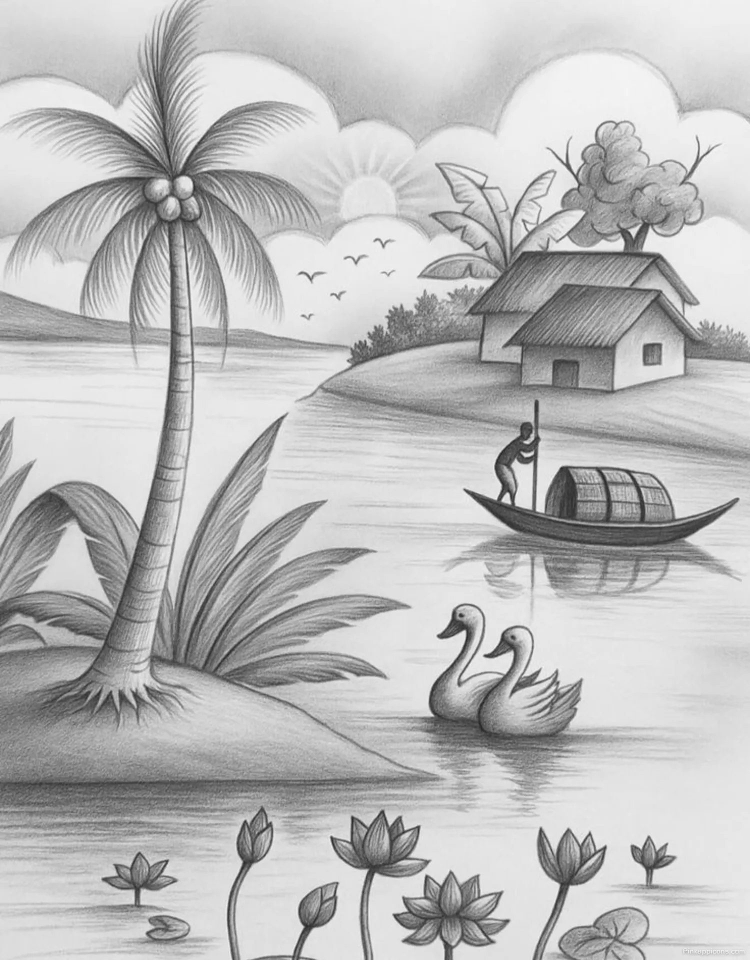 Landscape Drawing Ideas River Scene with a Palm Tree Landscape Drawing Ideas River Scene with a Palm Tree