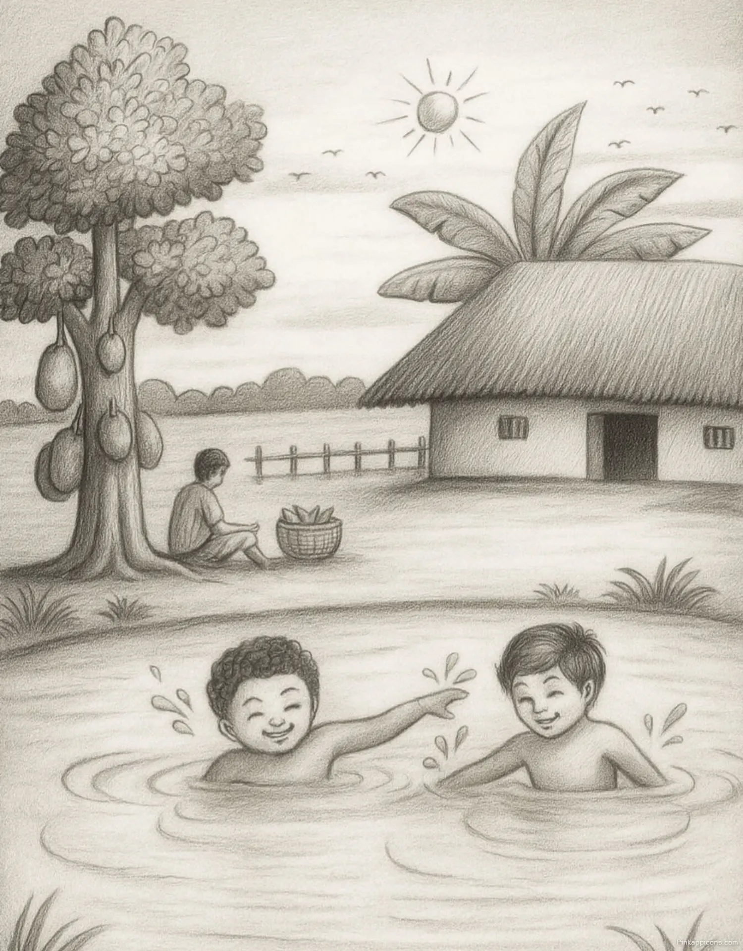 Landscape Drawing Ideas Rural Scene with a Hut and Bathers Landscape Drawing Ideas Rural Scene with a Hut and Bathers