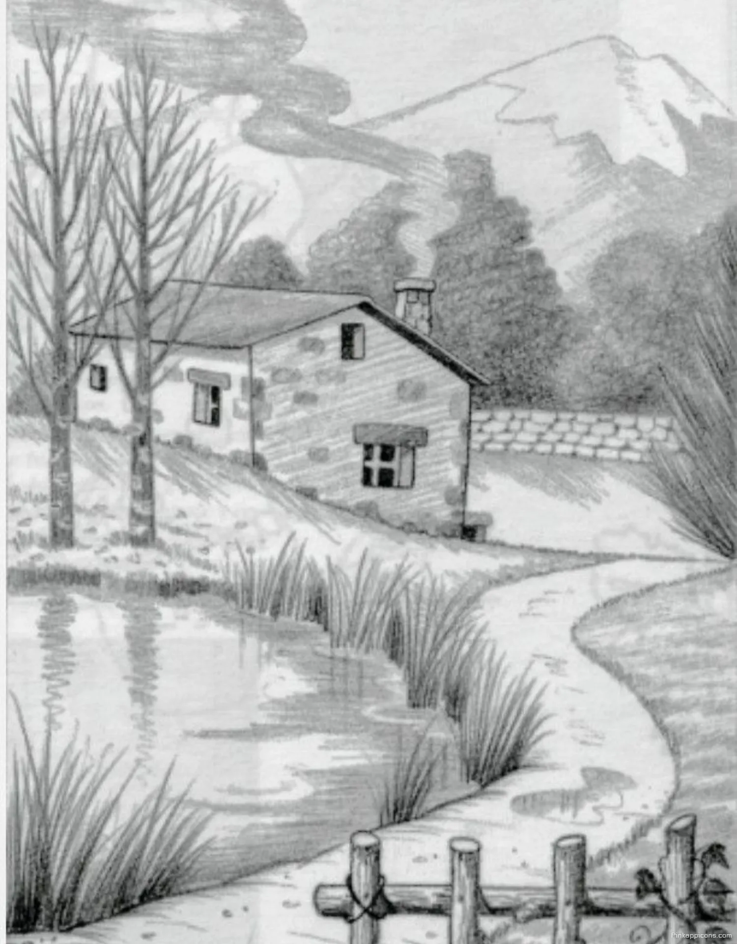 Landscape Drawing Ideas Rustic Cottage with a Pathway Landscape Drawing Ideas Rustic Cottage with a Pathway