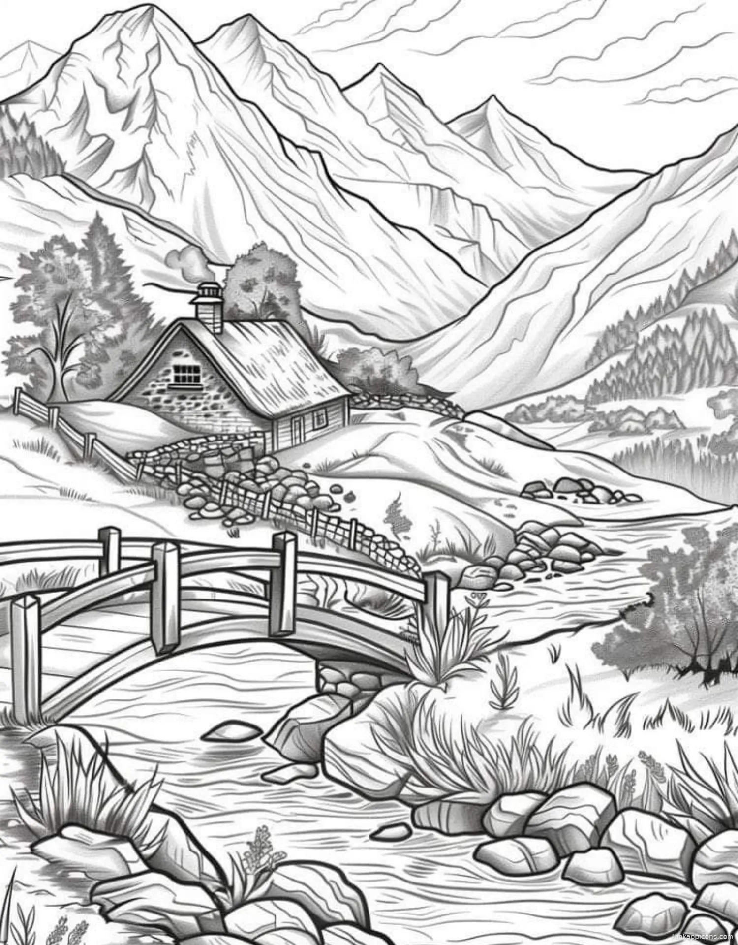 Landscape Drawing Ideas Stone Cottage by a River Landscape Drawing Ideas Stone Cottage by a River