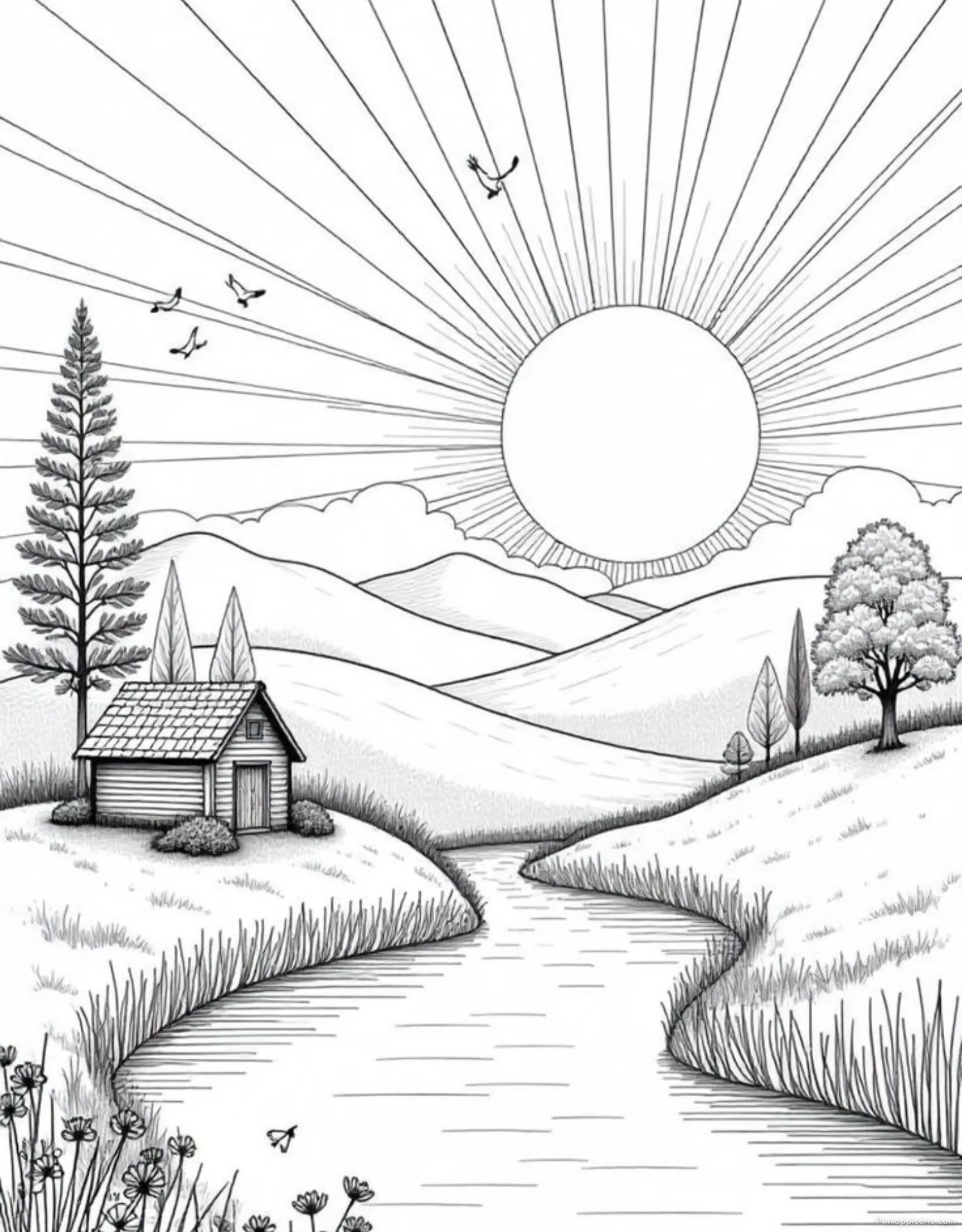 Landscape Drawing Ideas Sun Shining on a Rural Cottage Landscape Drawing Ideas Sun Shining on a Rural Cottage