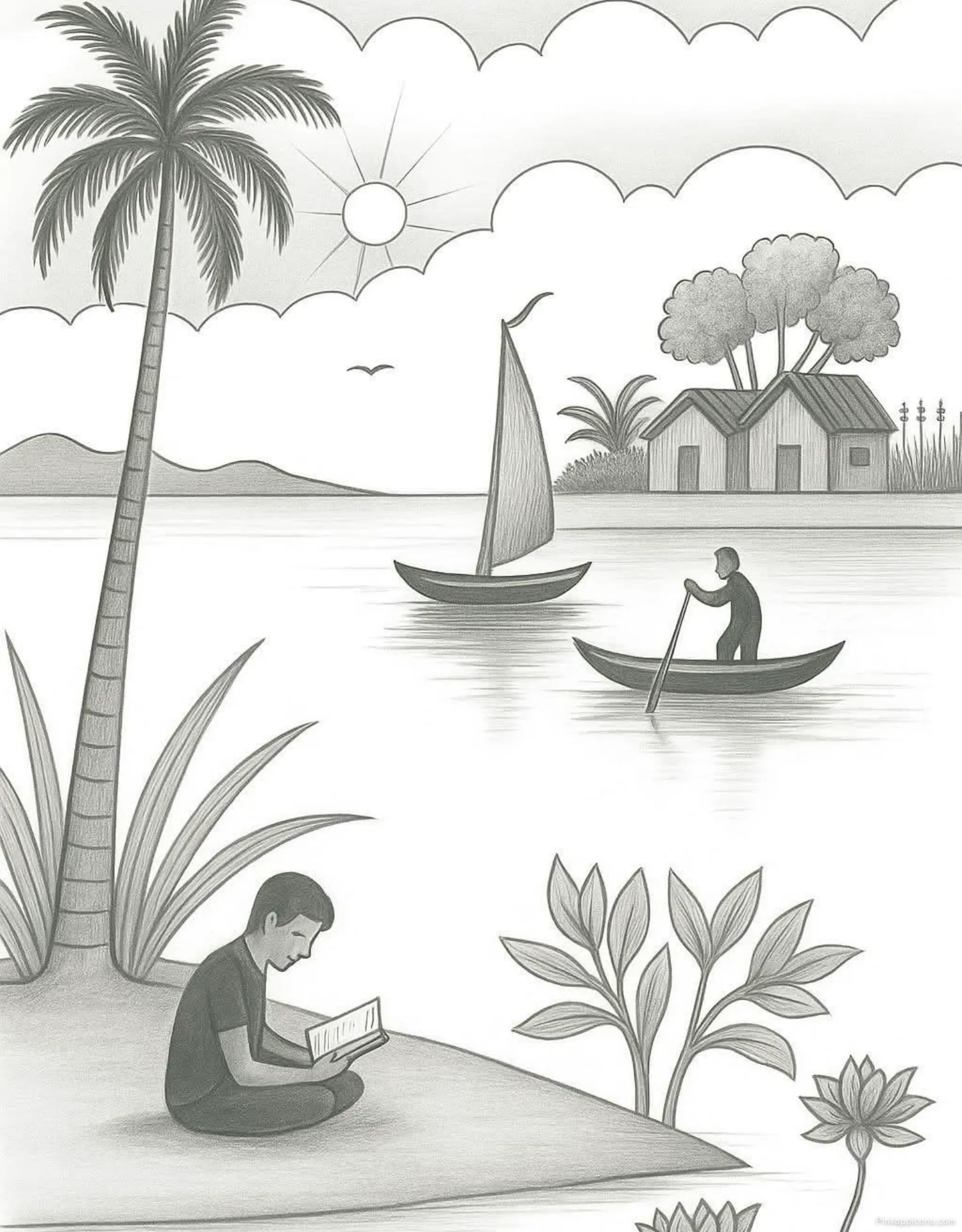 Landscape Drawing Ideas Tropical Lakeside Scene with Boats Landscape Drawing Ideas Tropical Lakeside Scene with Boats