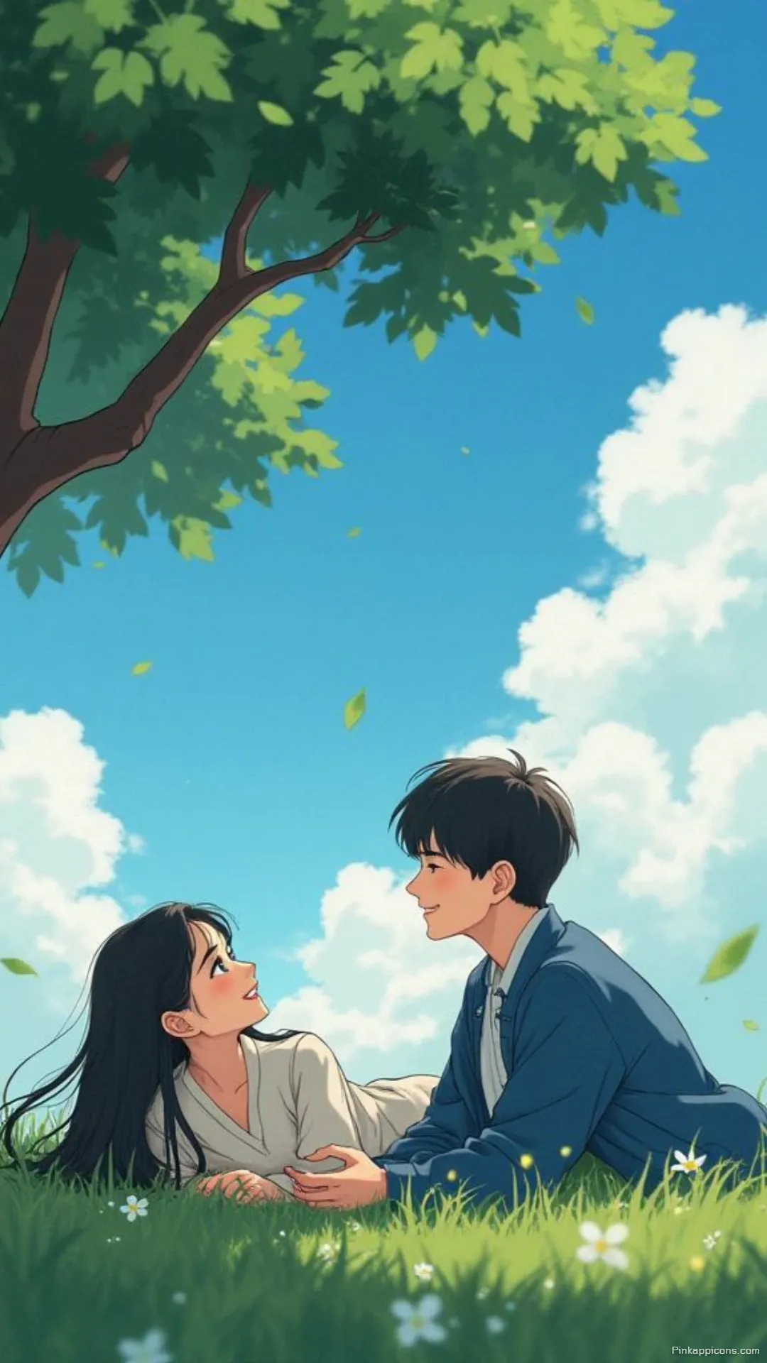 Love Wallpaper Anime Couple Relaxing Under Tree in Green Field Phone Background Love Wallpaper Anime Couple Relaxing Under Tree in Green Field Phone Background.