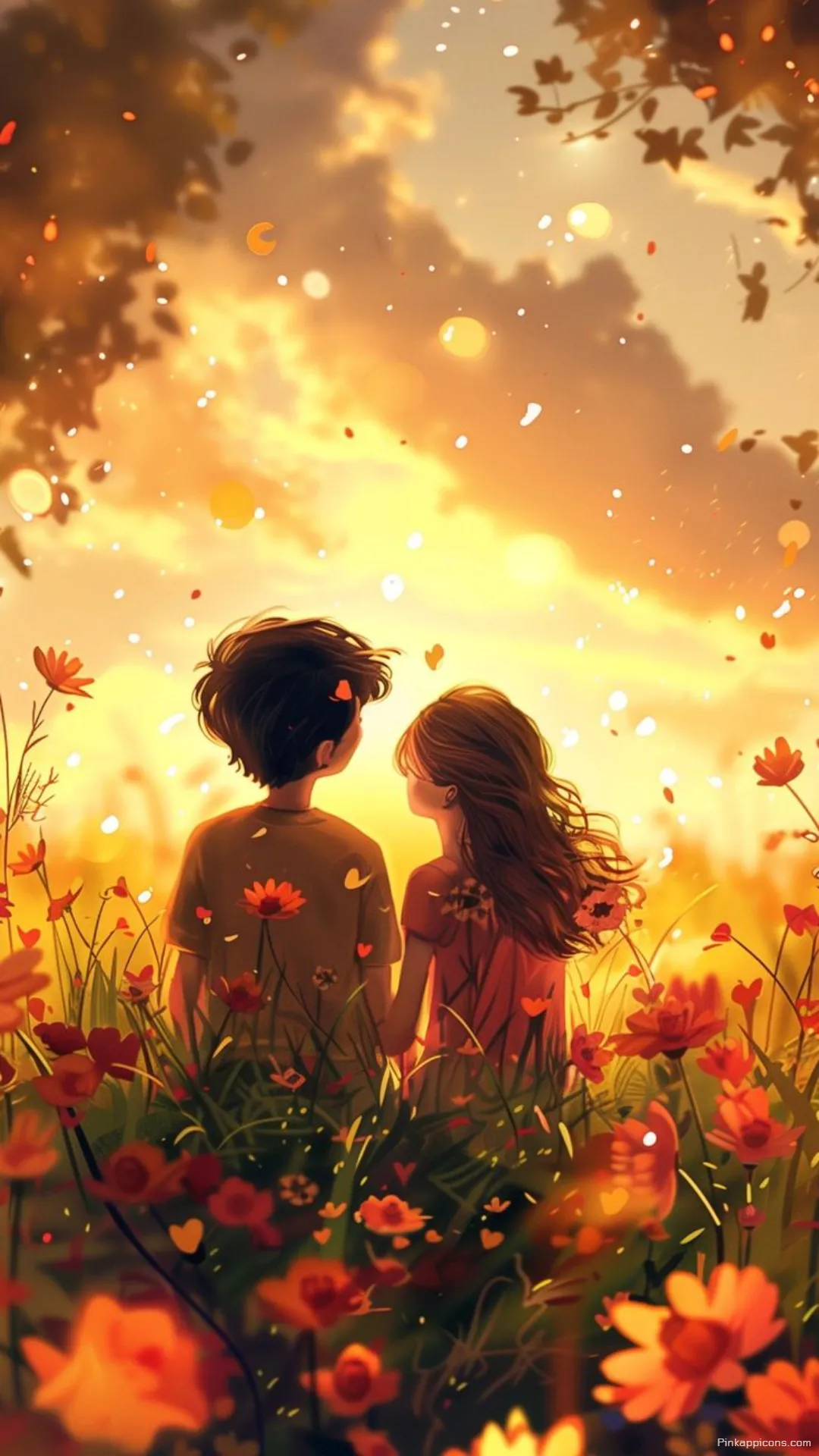 Love Wallpaper Anime Couple in Golden Sunset Flower Field Phone Background Love Wallpaper Anime Couple in Golden Sunset Flower Field Phone Background.