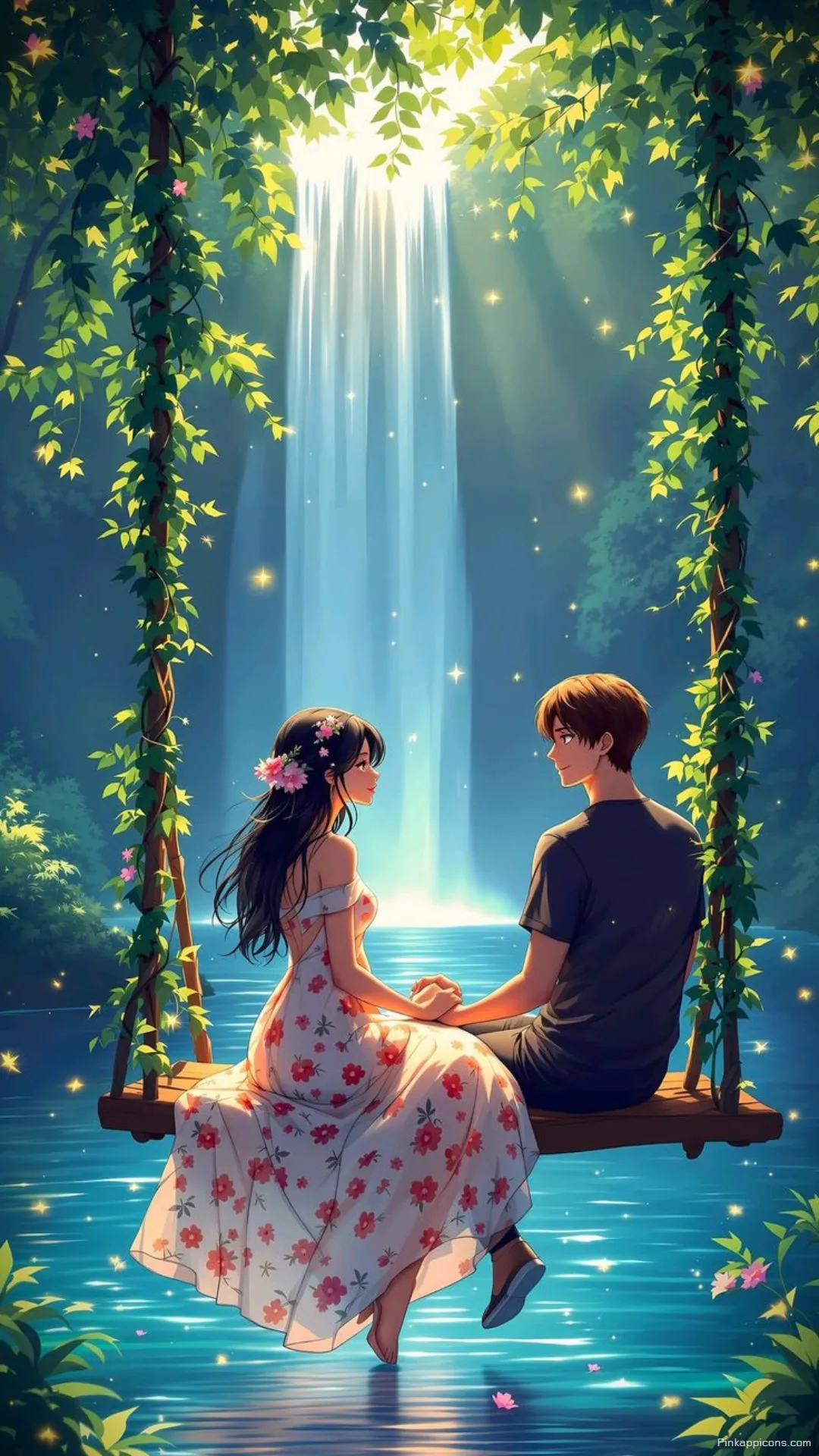 Love Wallpaper Anime Couple on a Swing by a Magical Waterfall Phone Background Love Wallpaper Anime Couple on a Swing by a Magical Waterfall Phone Background.