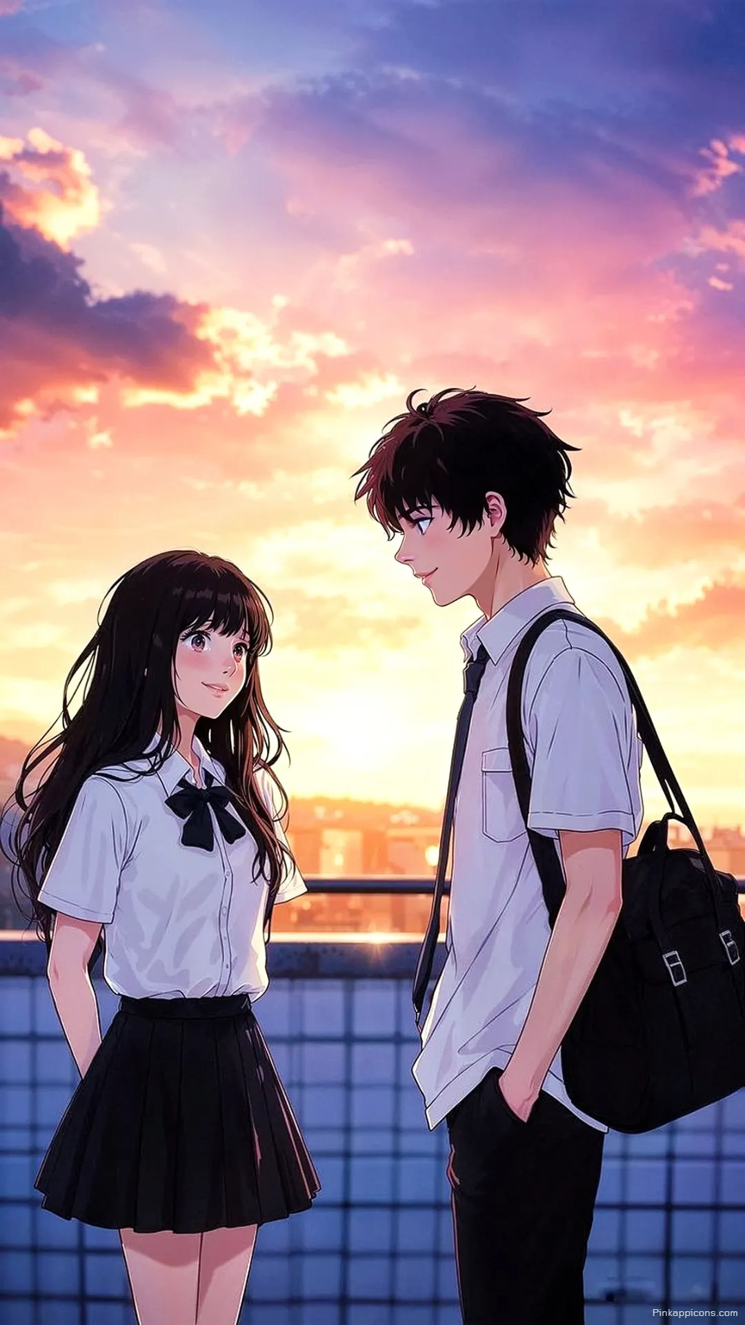 Love Wallpaper Anime School Couple on a Rooftop at Sunset Phone Background Love Wallpaper Anime School Couple on a Rooftop at Sunset Phone Background.