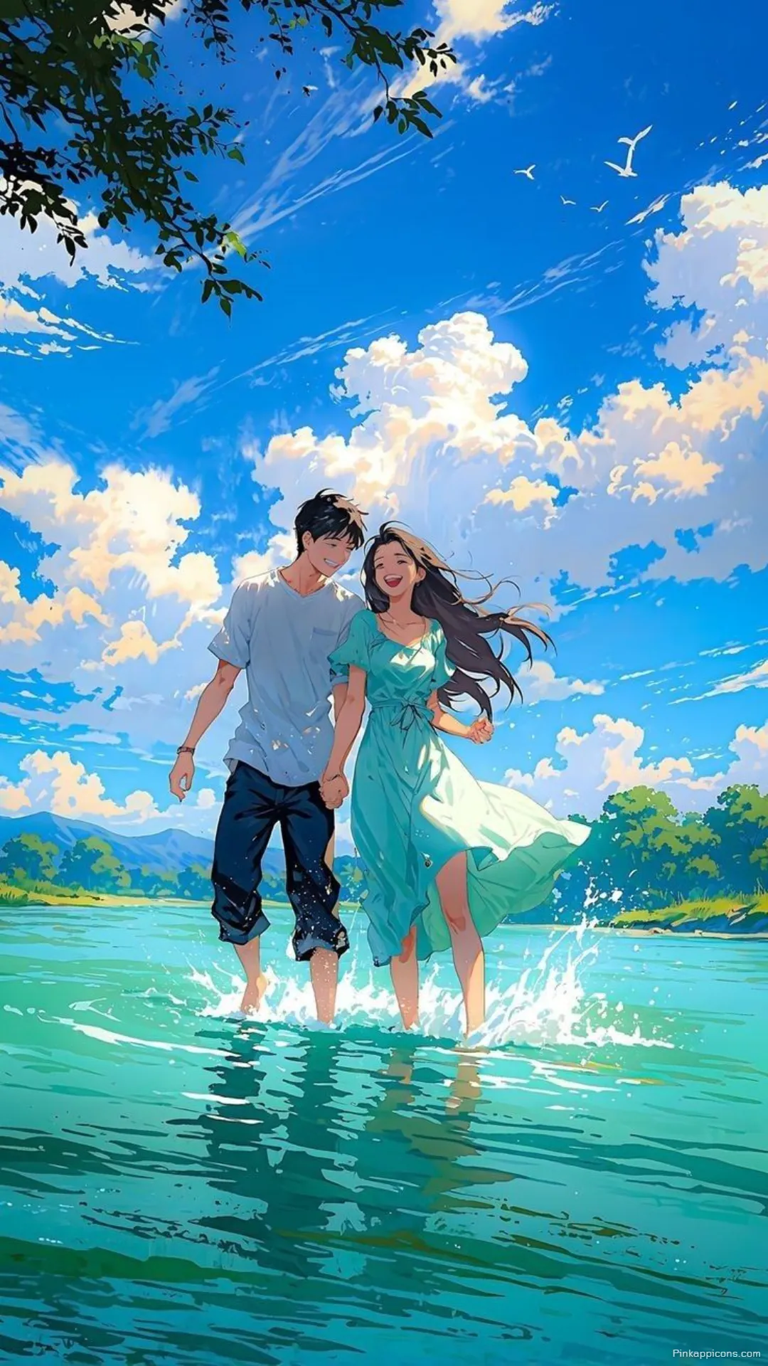Love Wallpaper Happy Anime Couple Walking in Water Under Blue Sky Phone Background Love Wallpaper Happy Anime Couple Walking in Water Under Blue Sky Phone Background.