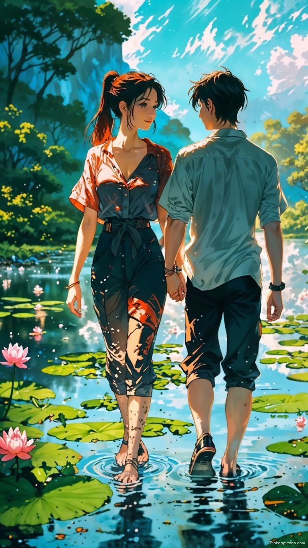 Love Wallpaper Romantic Anime Couple Walking in a Lily Pond Phone Background Love Wallpaper Romantic Anime Couple Walking in a Lily Pond Phone Background.