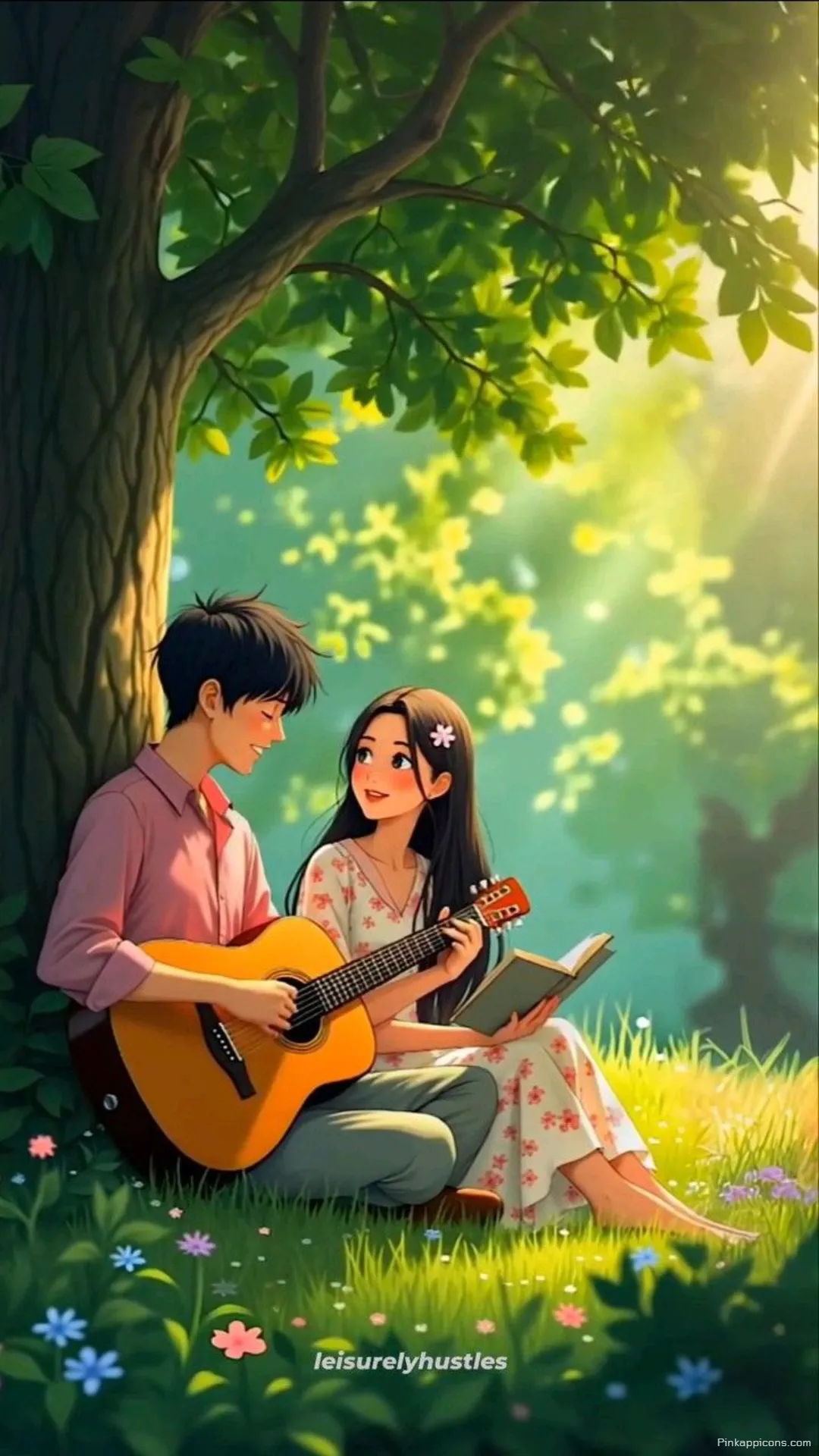 Love Wallpaper Romantic Anime Couple with Guitar Under Tree Phone Background Love Wallpaper Romantic Anime Couple with Guitar Under Tree Phone Background.