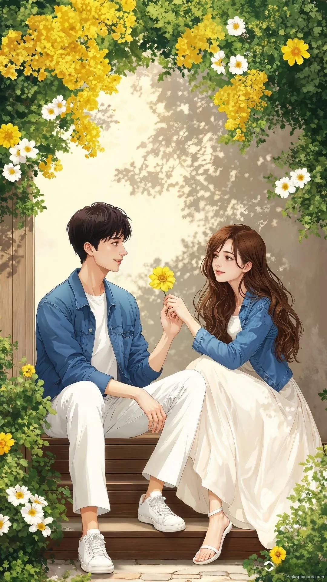 Love Wallpaper Romantic Anime Couple with a Yellow Flower Phone Background Love Wallpaper Romantic Anime Couple with a Yellow Flower Phone Background.