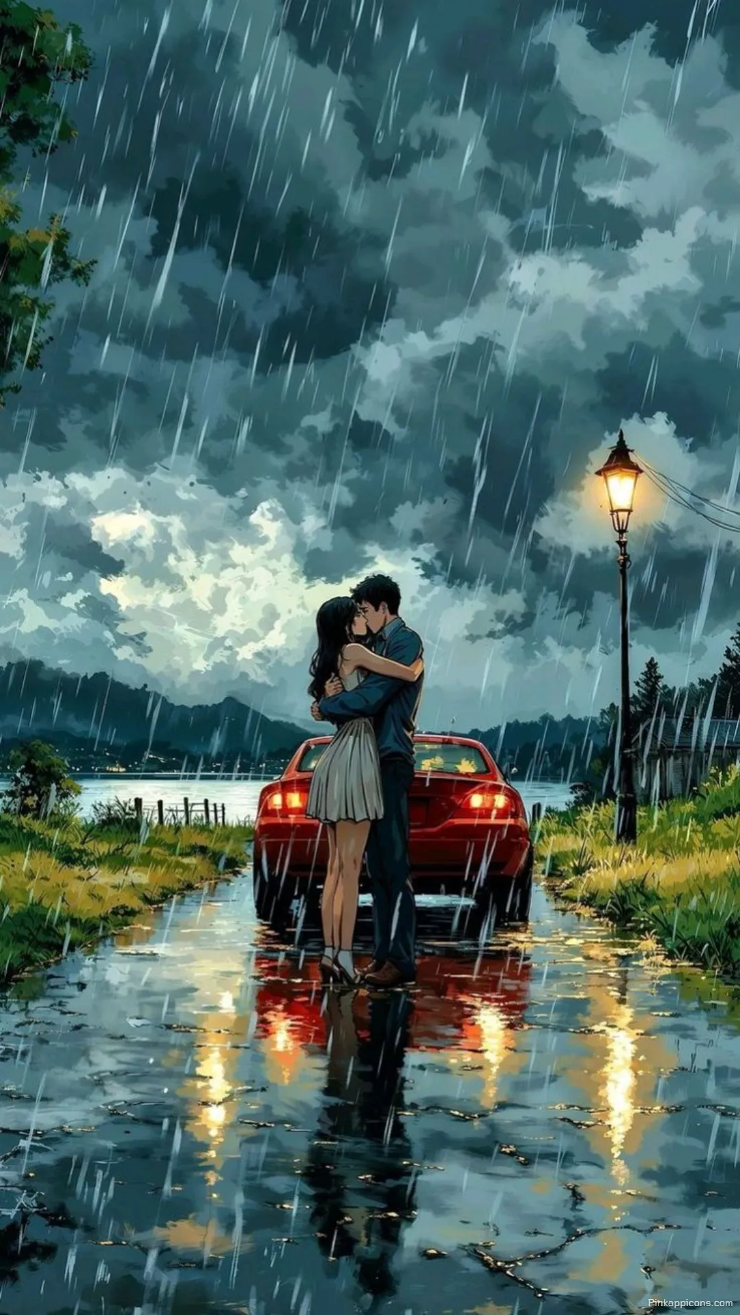Love Wallpaper Romantic Couple Kissing in the Rain by a Red Car Phone Background Love Wallpaper Romantic Couple Kissing in the Rain by a Red Car Phone Background.