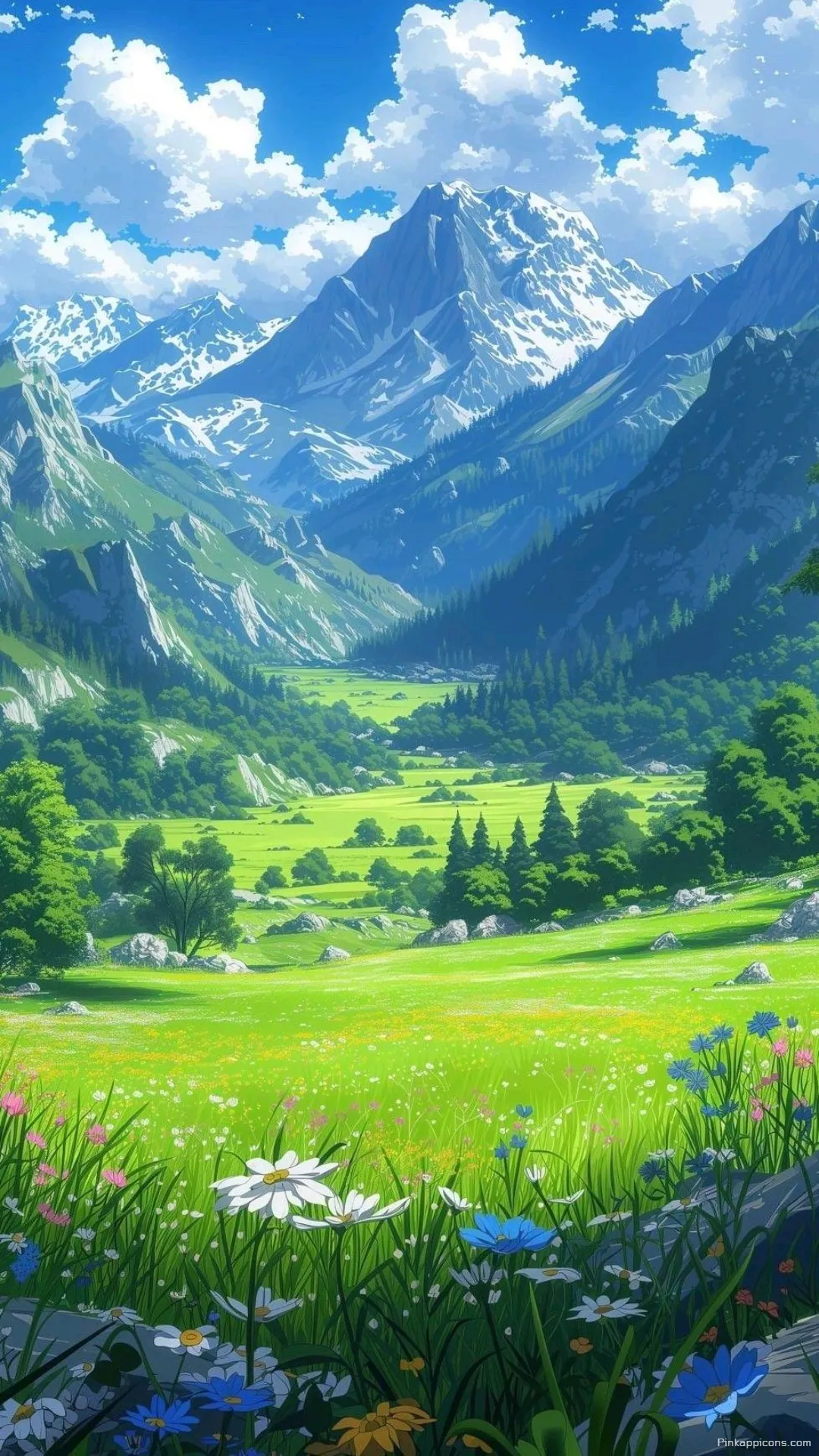 Lush Green Meadow Nature Wallpaper with Snowy Peaks Lush Green Meadow Nature Wallpaper with Snowy Peaks