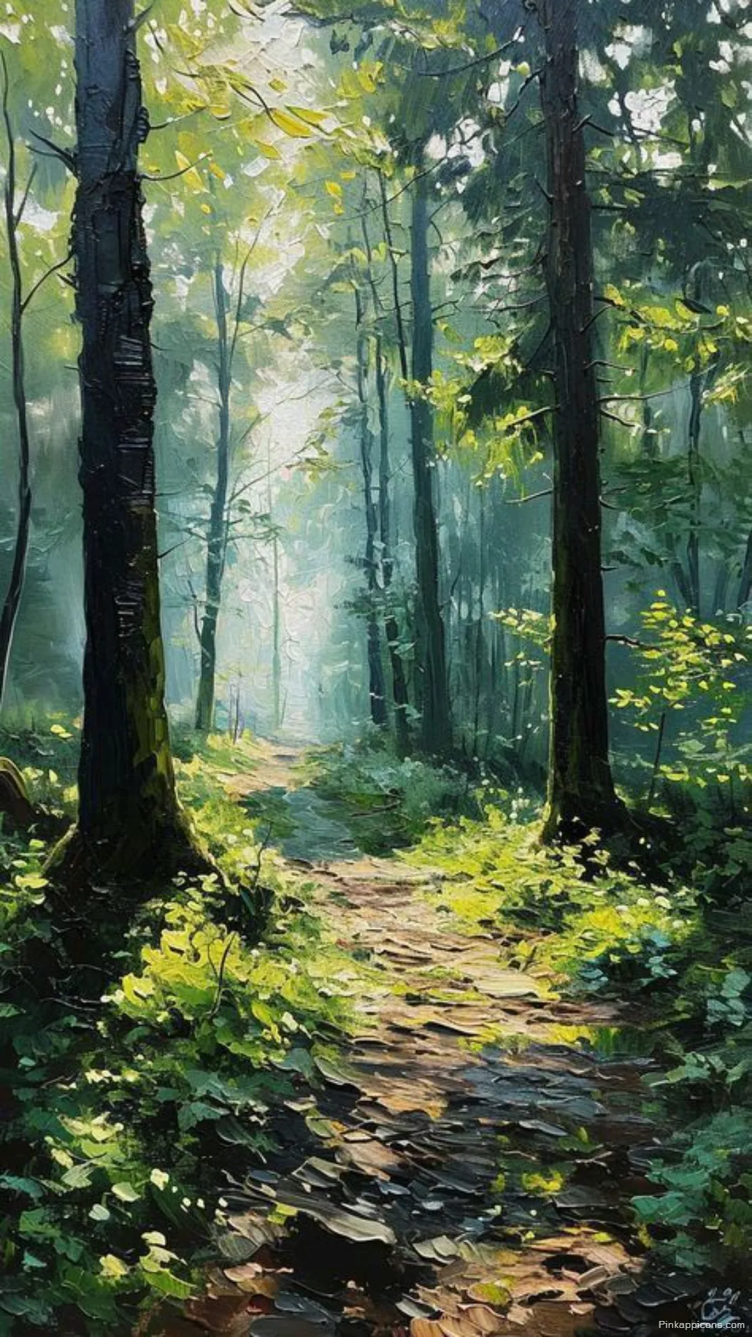 Magical Sunlit Trail Through a Lush Green Forest Wallpaper for Phones Magical Sunlit Trail Through a Lush Green Forest Wallpaper for Phones