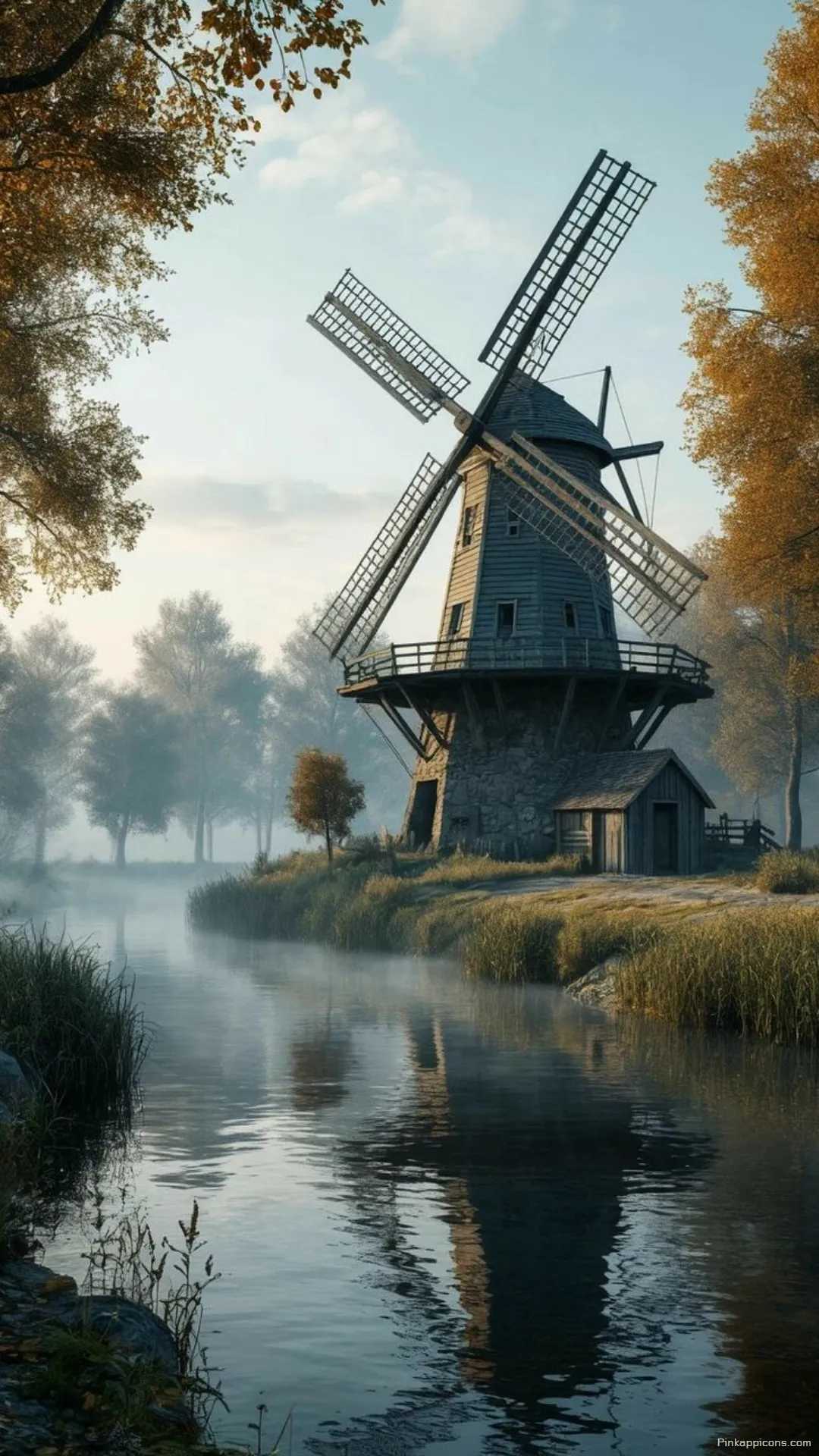 Misty Windmill Nature Wallpaper for Phone by the River Misty Windmill Nature Wallpaper for Phone by the River