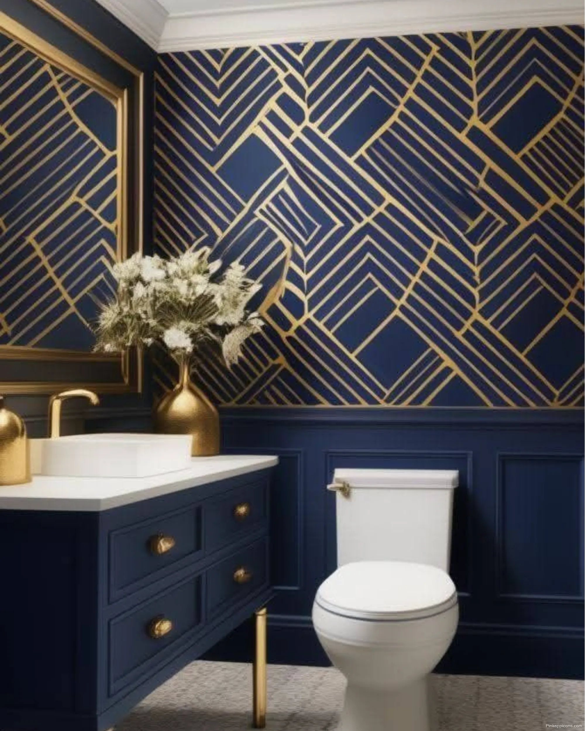Modern Bathroom Wallpaper Ideas with Metallic Gold Line Patterns Modern Bathroom Wallpaper Ideas with Metallic Gold Line Patterns
