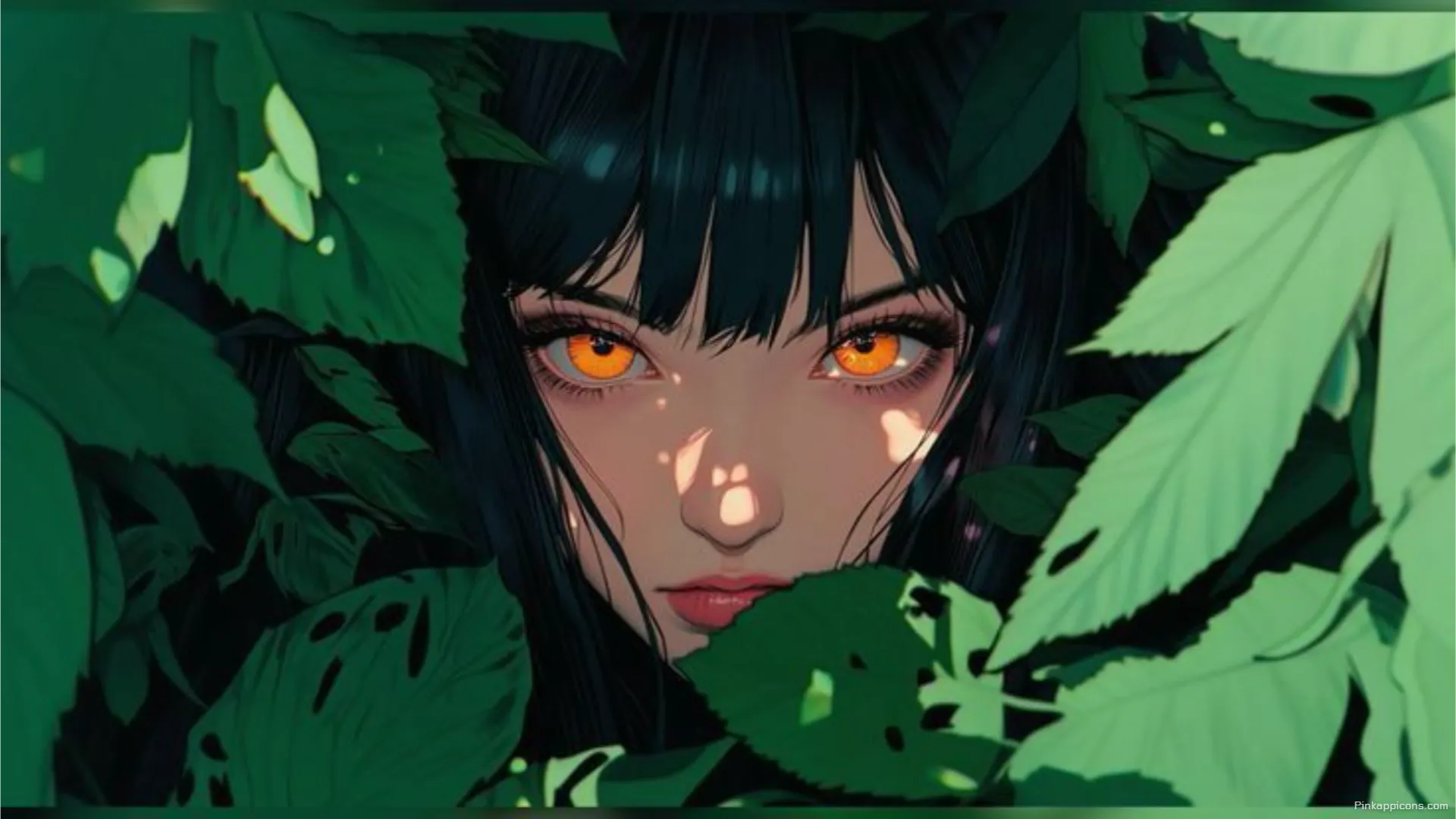 Mysterious Anime Girl with Glowing Orange Eyes Wallpaper for Laptop Hidden in Jungle Foliage for Mysterious Anime Girl with Glowing Orange Eyes Wallpaper for Laptop – Hidden in Jungle Foliage for