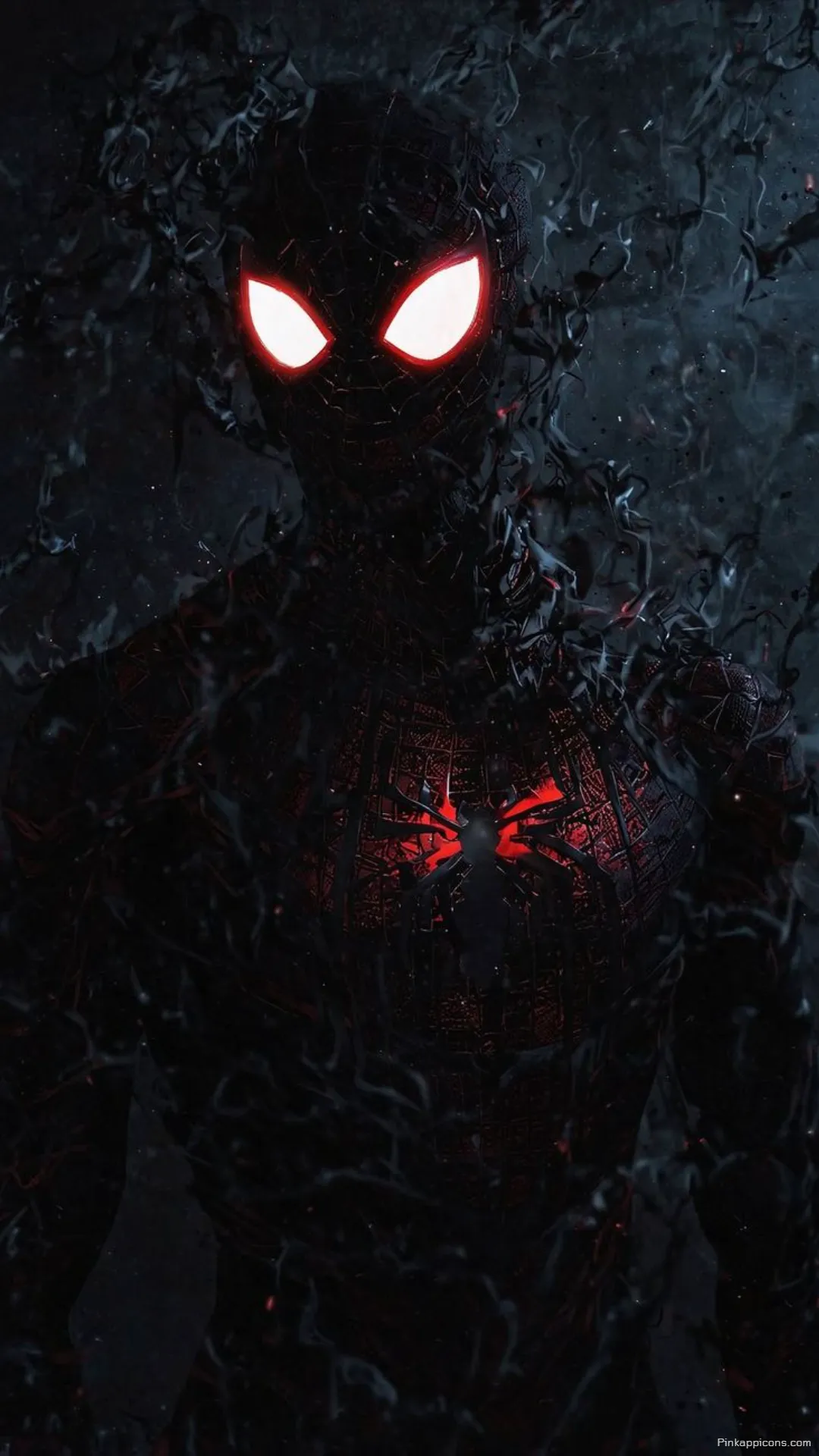 Mysterious Black Suit Spider Man Mobile Wallpaper Dynamic Dark Aesthetic with Red Accents Mysterious Black Suit Spider-Man Mobile Wallpaper Dynamic Dark Aesthetic with Red Accents.