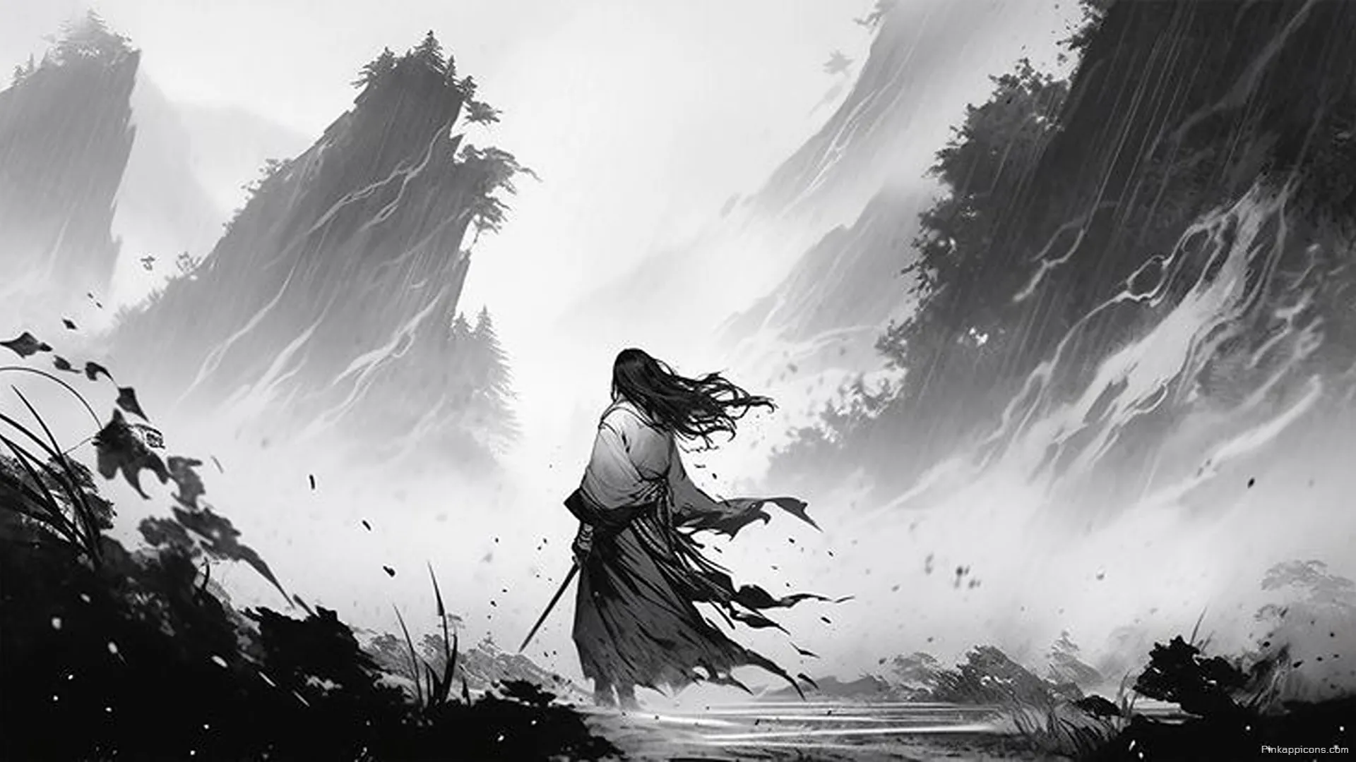 Mysterious Ronin in Mountains 8K Wallpaper for PC Dramatic Black and White Samurai Landscape Desktop Background Mysterious Ronin in Mountains 8K Wallpaper for PC Dramatic Black and White Samurai Landscape Desktop Background.