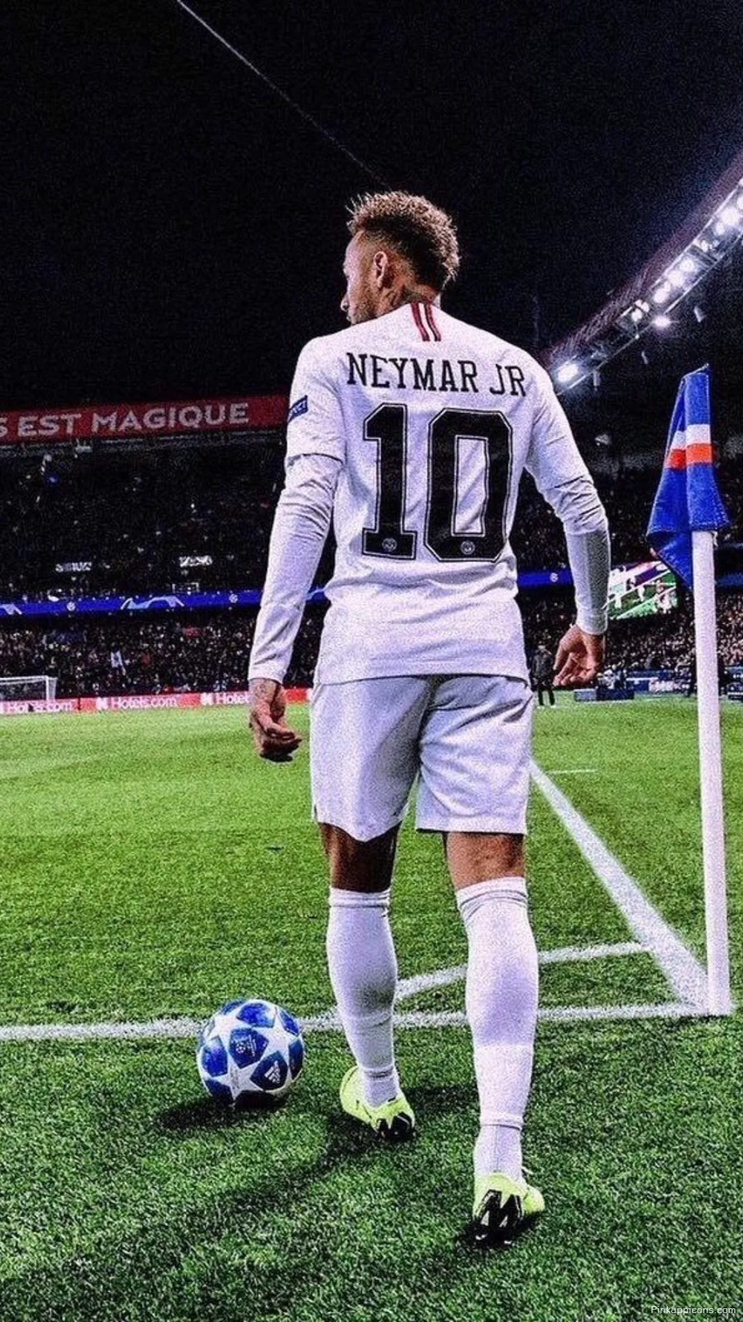 Neymar Wallpaper A night shot of Neymar Jr. in his white jersey from behind perfect for your phone wallpaper Neymar Wallpaper A night shot of Neymar Jr. in his white jersey from behind, perfect for your phone wallpaper.