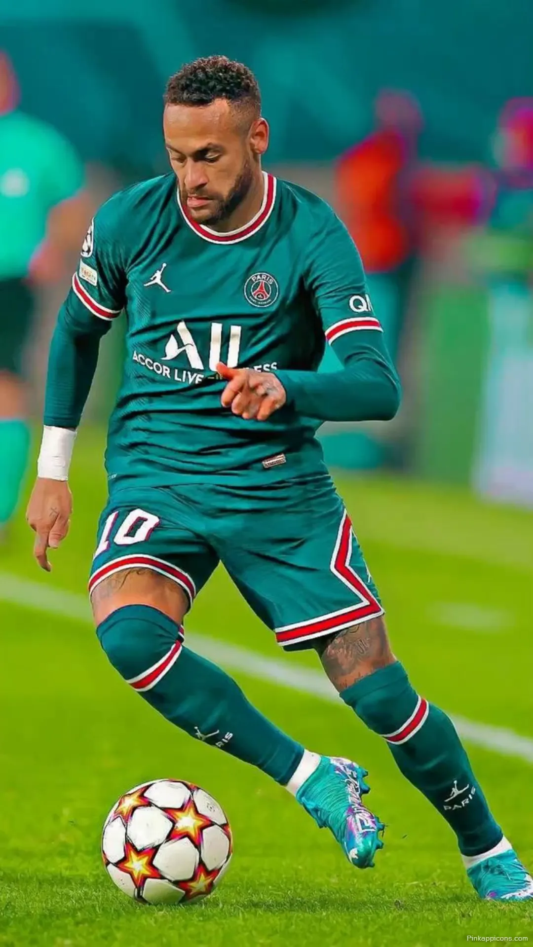 Neymar Wallpaper An action shot of Neymar Jr. in a green PSG jersey dribbling a ball perfect for your phone wallpaper Neymar Wallpaper An action shot of Neymar Jr. in a green PSG jersey, dribbling a ball, perfect for your phone wallpaper.