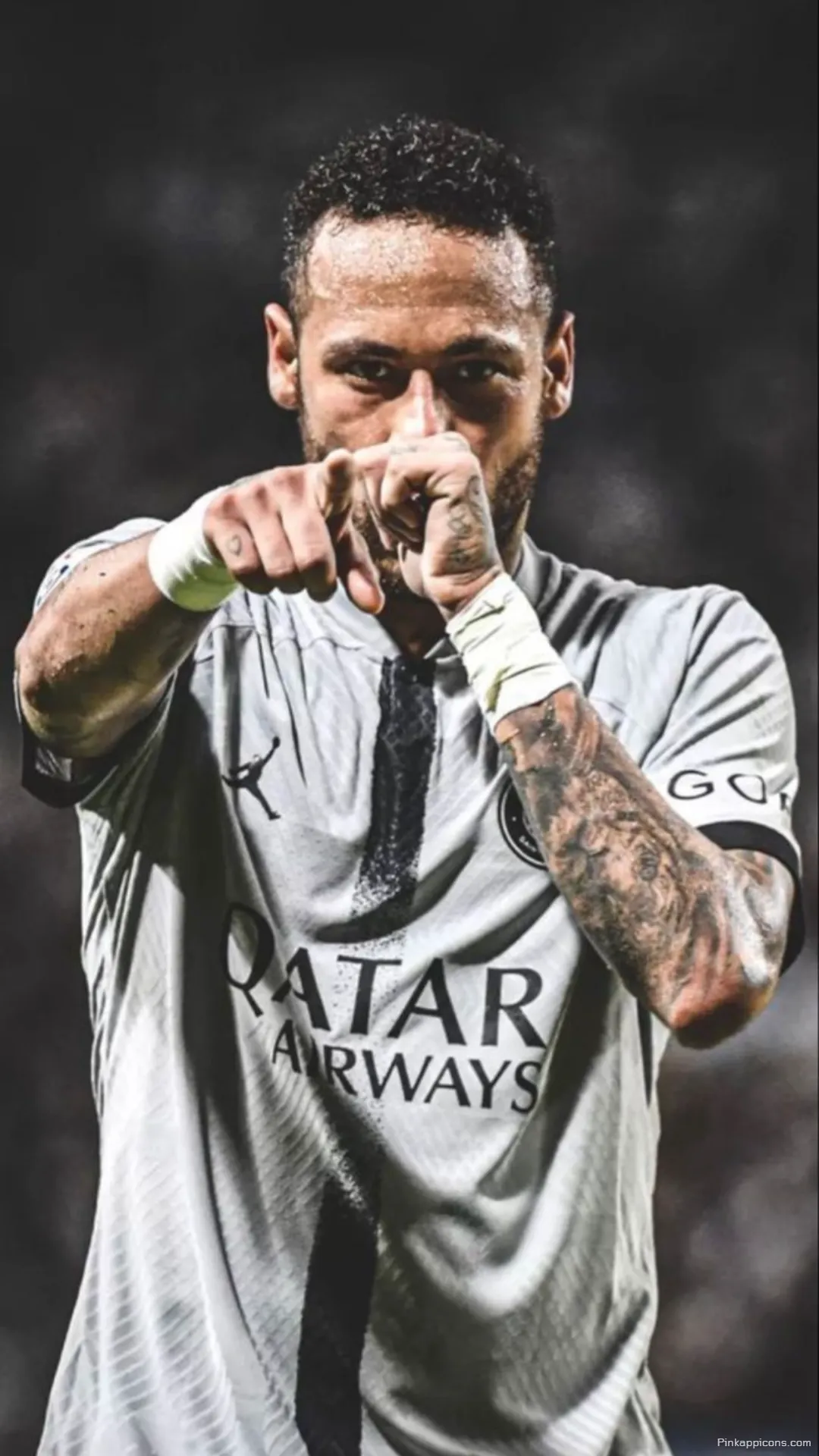 Neymar with Tattoos Wallpaper A cool wallpaper of Neymar showing off his arm and hand tattoos in his PSG kit Neymar with Tattoos Wallpaper A cool wallpaper of Neymar showing off his arm and hand tattoos in his PSG kit.