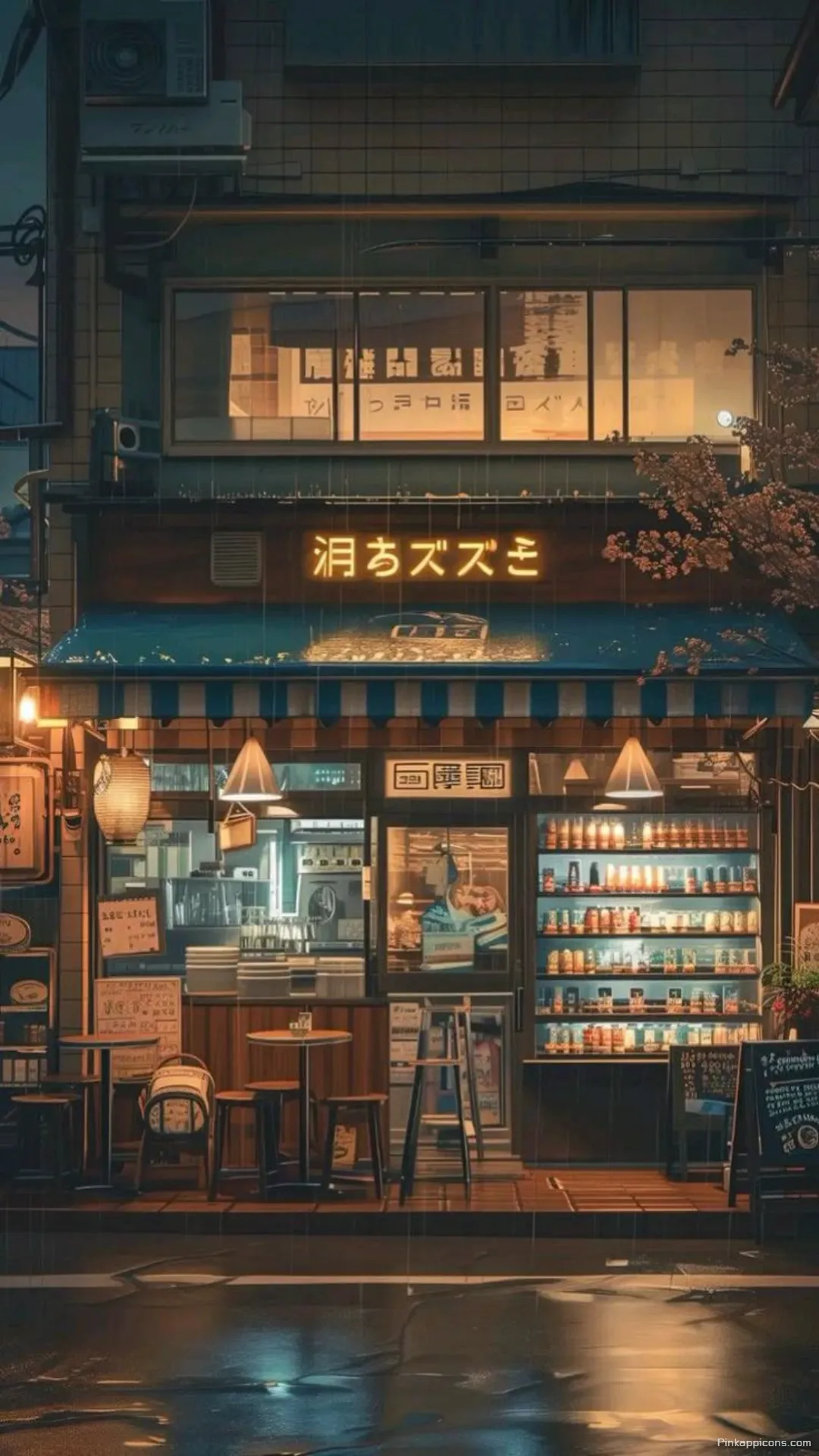 Rainy street reflections outside a vibrant Japanese shop creating an atmospheric Tokyo wallpaper for your mobile Rainy street reflections outside a vibrant Japanese shop, creating an atmospheric Tokyo wallpaper for your mobile