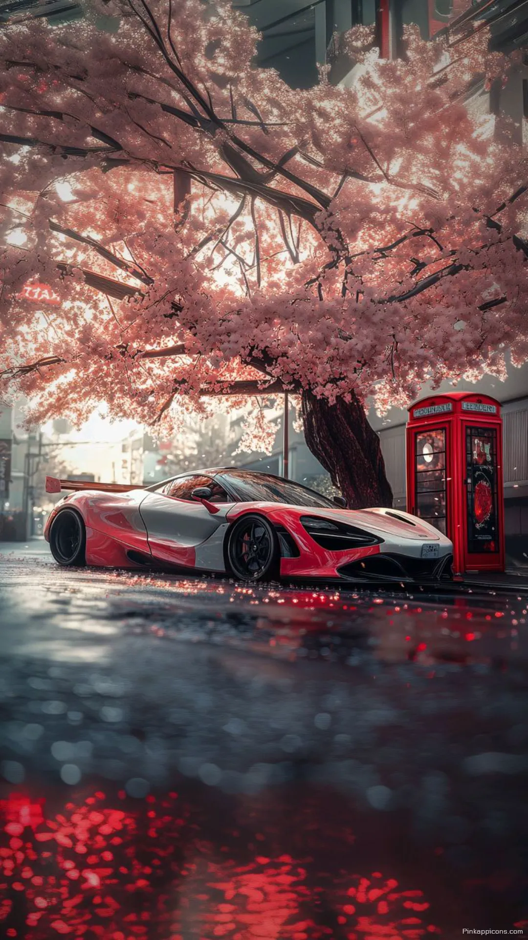 Red Silver McLaren Wallpaper under Cherry Blossoms Urban Street Phone Background Red & Silver McLaren Wallpaper under Cherry Blossoms – Urban Street Phone Background