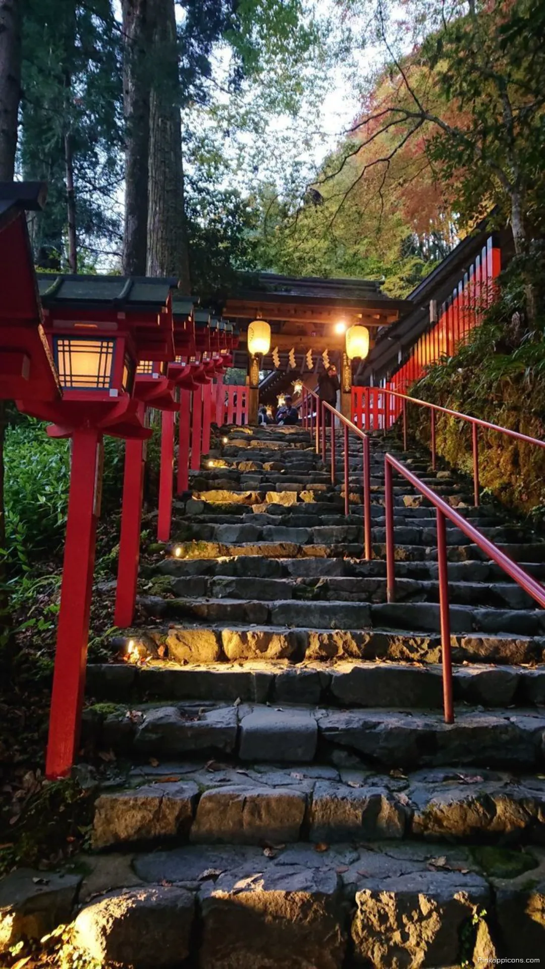 Red Traditional Lanterns Guide the Path Up a Mystical Tokyo Temple Staircase Wallpaper for Mobile Red Traditional Lanterns Guide the Path Up, a Mystical Tokyo Temple Staircase Wallpaper for Mobile