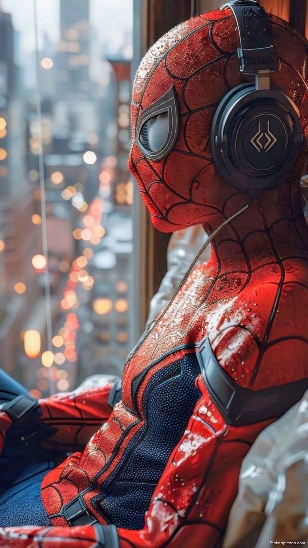 Relaxed Spider Man with Headphones City View Phone Wallpaper Contemplative Spiderman Relaxed Spider-Man with Headphones City View Phone Wallpaper Contemplative Spiderman.