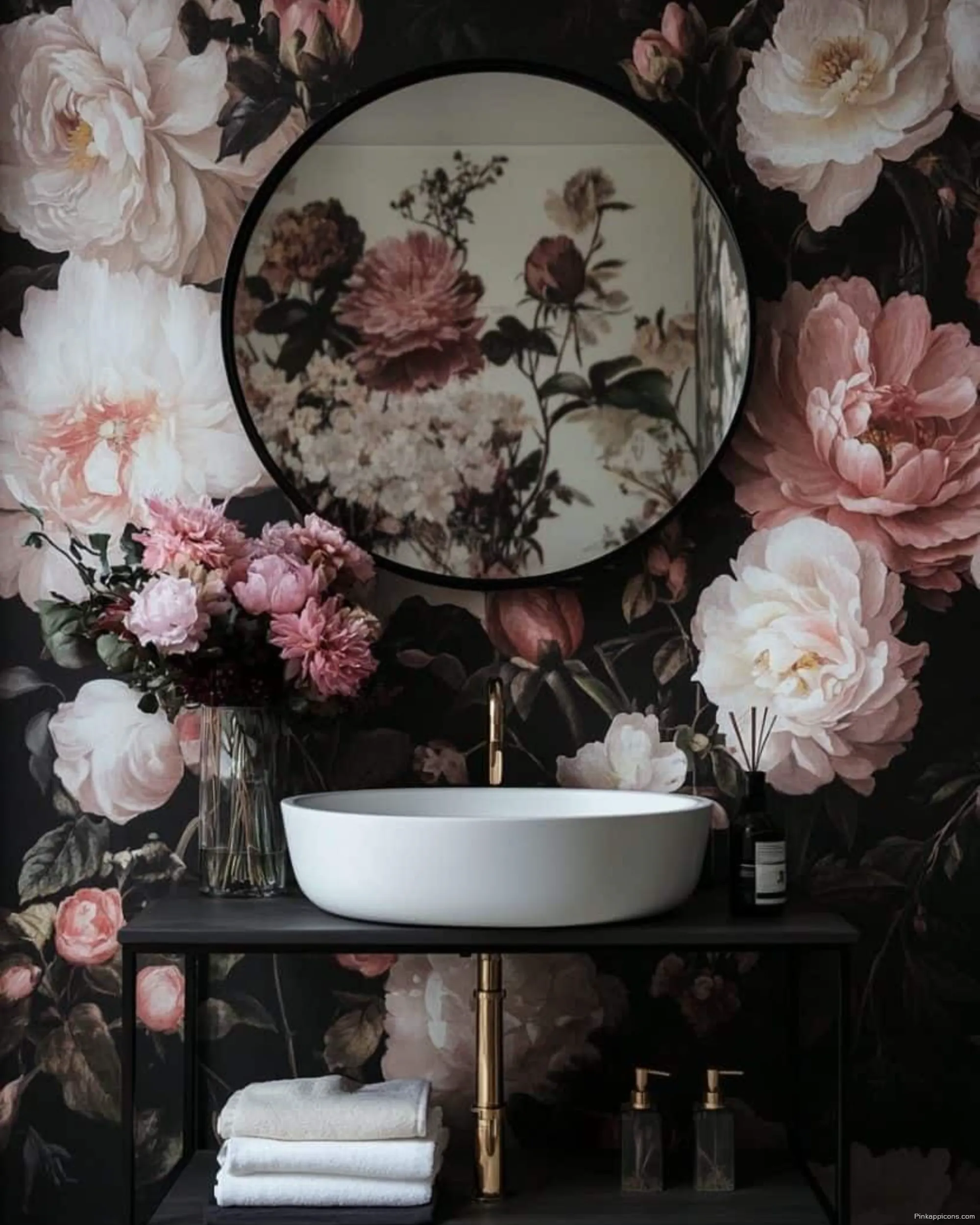 Romantic Bathroom Wallpaper Ideas with Large Peonies and Round Mirror Romantic Bathroom Wallpaper Ideas with Large Peonies and Round Mirror