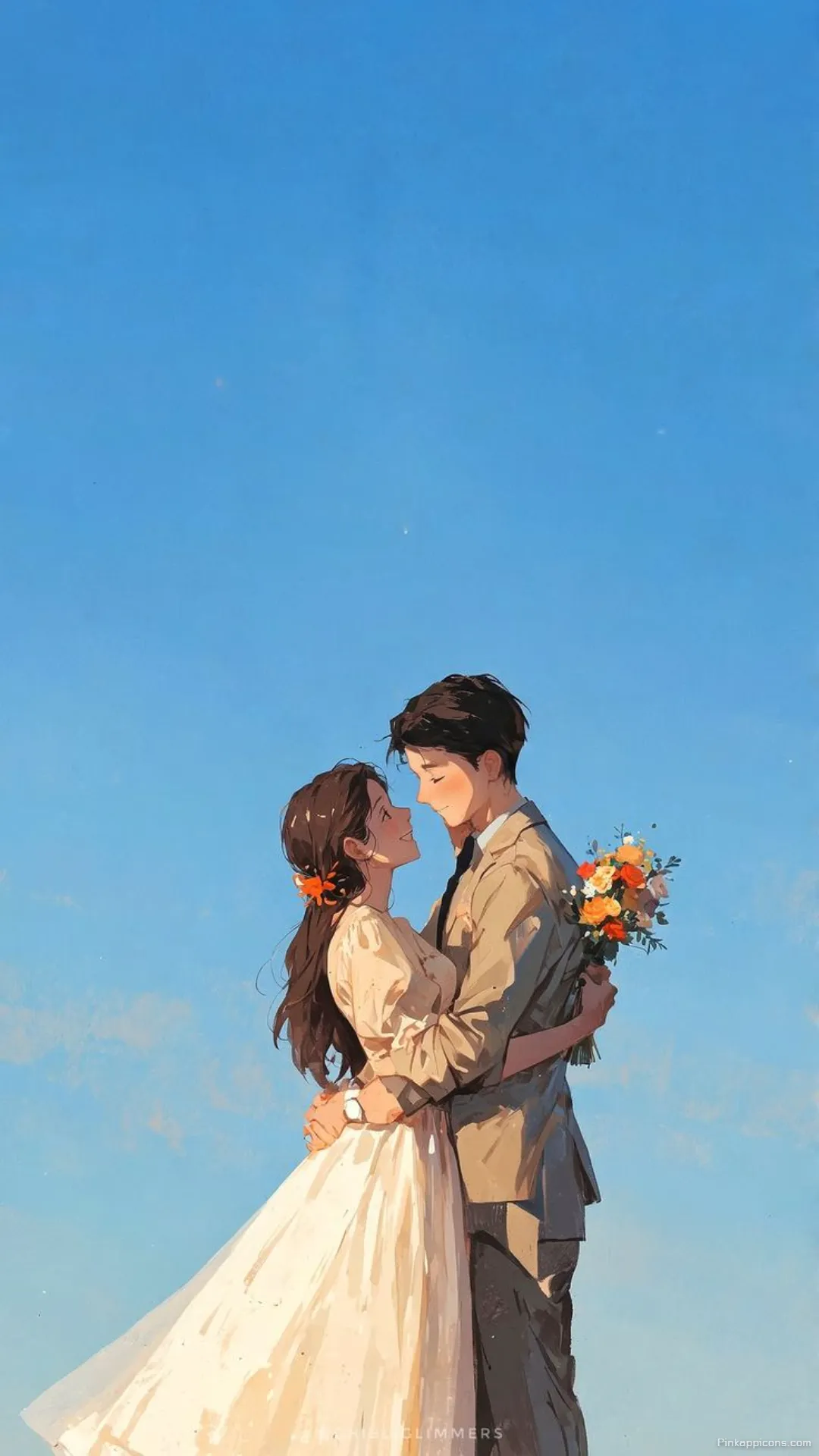 Romantic Love Wallpaper for Phone – Bride and Groom Embrace Under Blue Sky Romantic Love Wallpaper for Phone – Bride and Groom Embrace Under Blue Sky