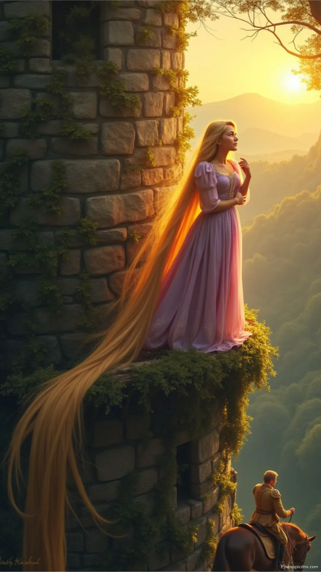 Romantic Princess Wallpaper of a Maiden in a Tower as a Prince on Horseback Looks Up Romantic Princess Wallpaper of a Maiden in a Tower as a Prince on Horseback Looks Up